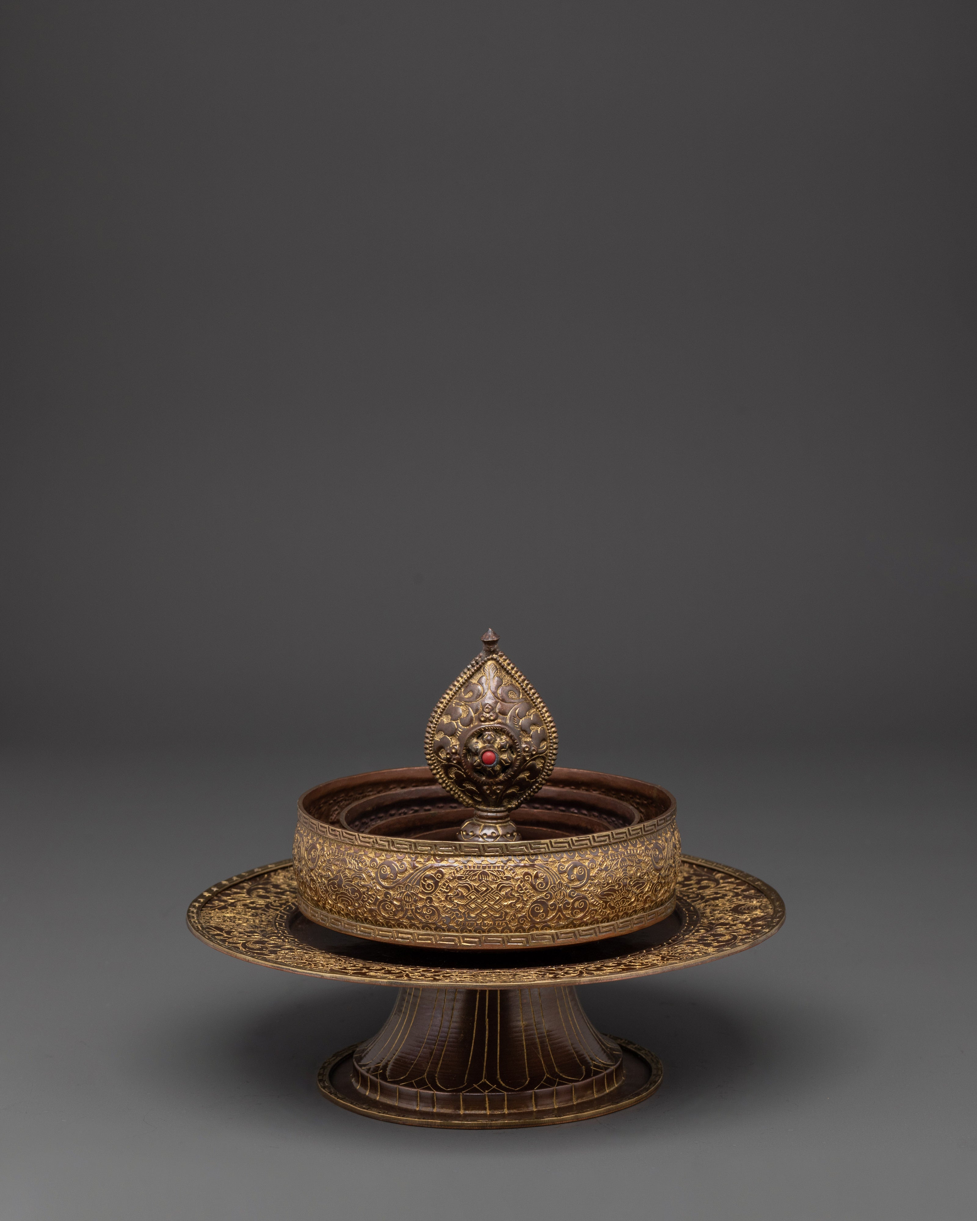 Himalayan Mandala Offering Set | Tibetan Copper Ritual Piece with Coral Inlay