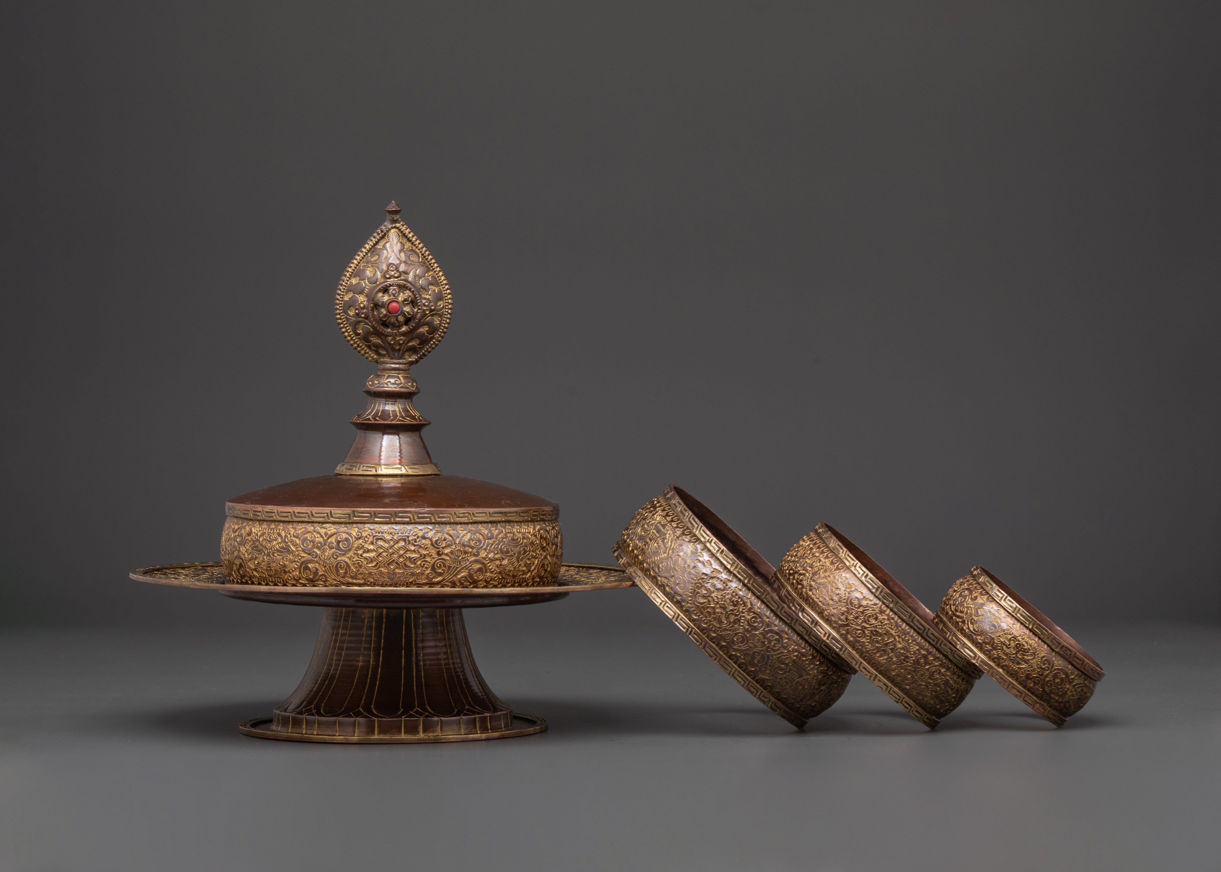 Himalayan Mandala Offering Set | Tibetan Copper Ritual Piece with Coral Inlay