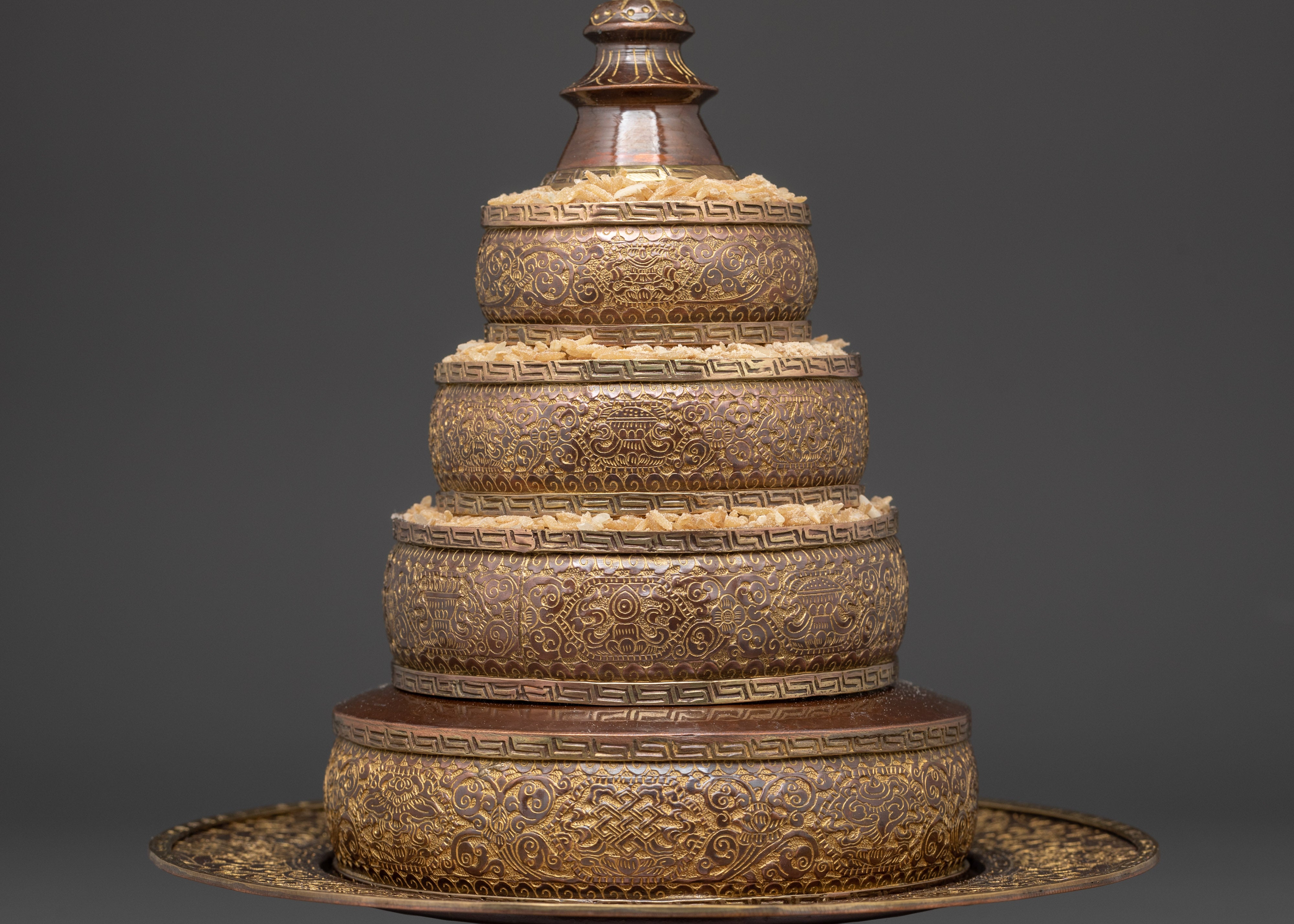 Himalayan Mandala Offering Set | Tibetan Copper Ritual Piece with Coral Inlay