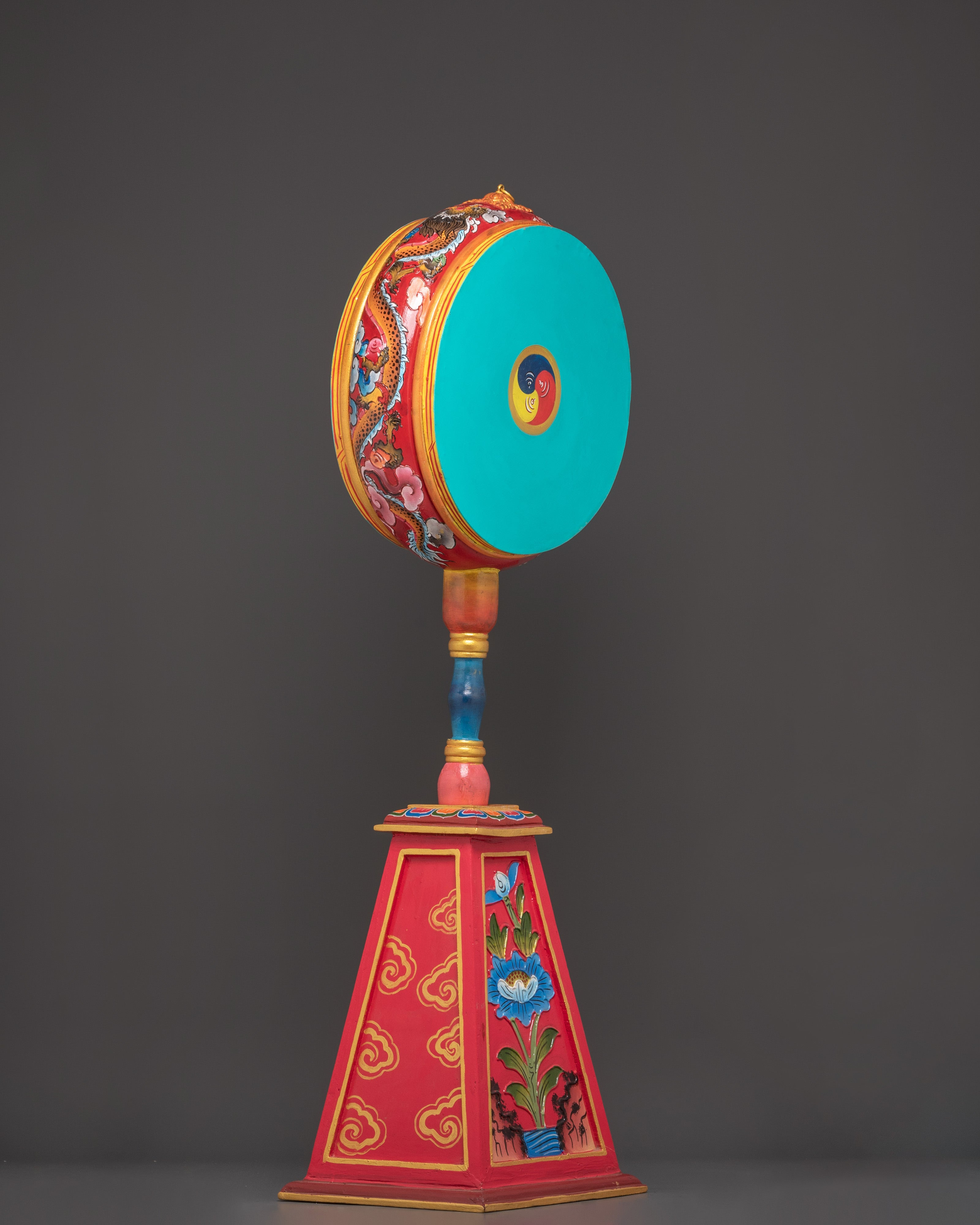 Handcrafted Tibetan Dakini Drum | Painted Ritual Chöd Drum with Stand and Stick