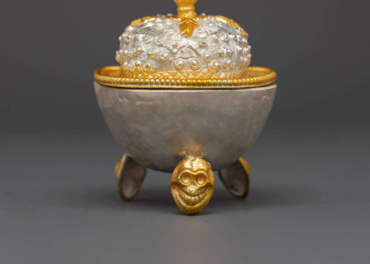 Handmade Kapala Set with Vajra Lid | Electro Gold and Silver Plated Skull Cup