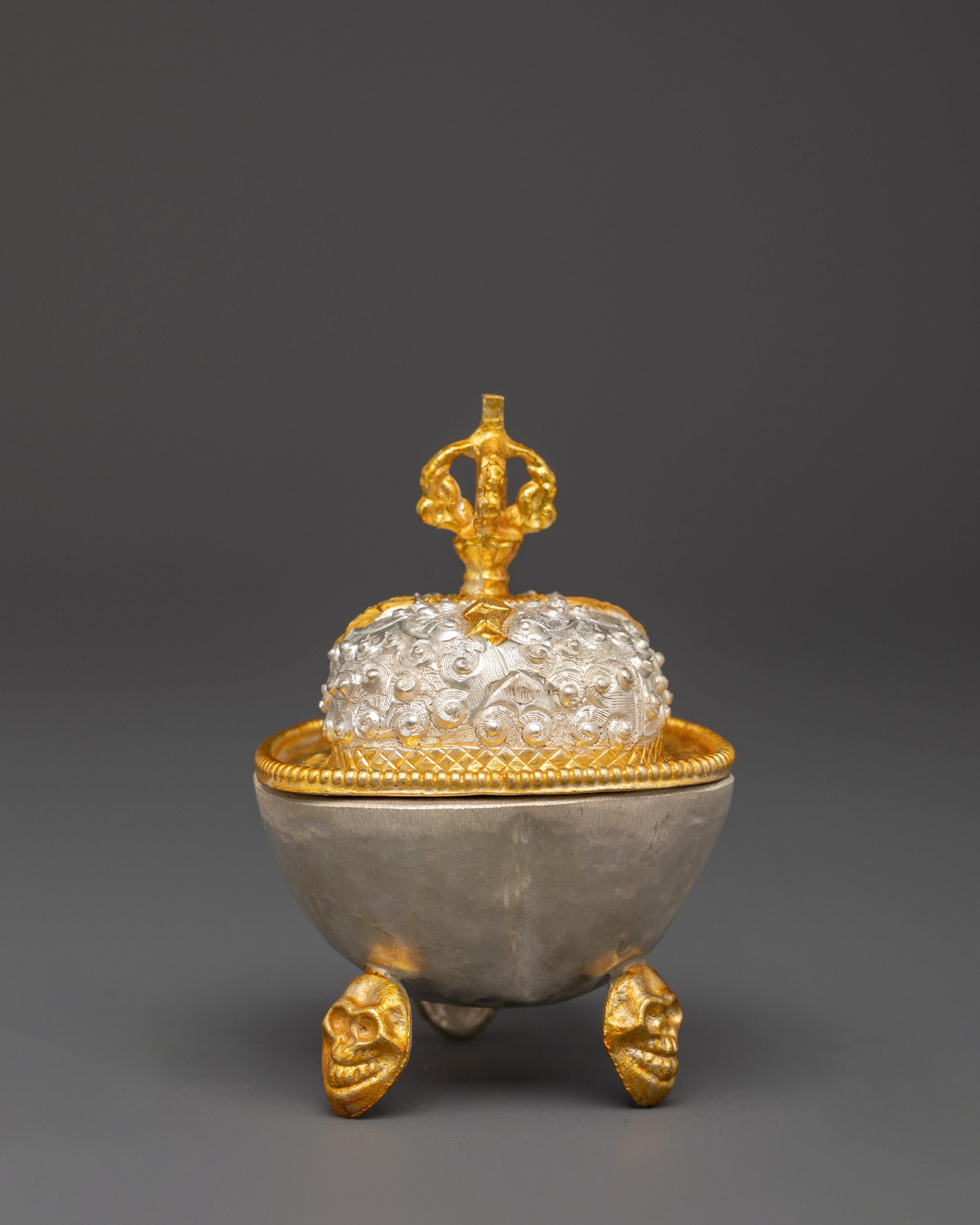 Handmade Kapala Set with Vajra Lid | Electro Gold and Silver Plated Skull Cup
