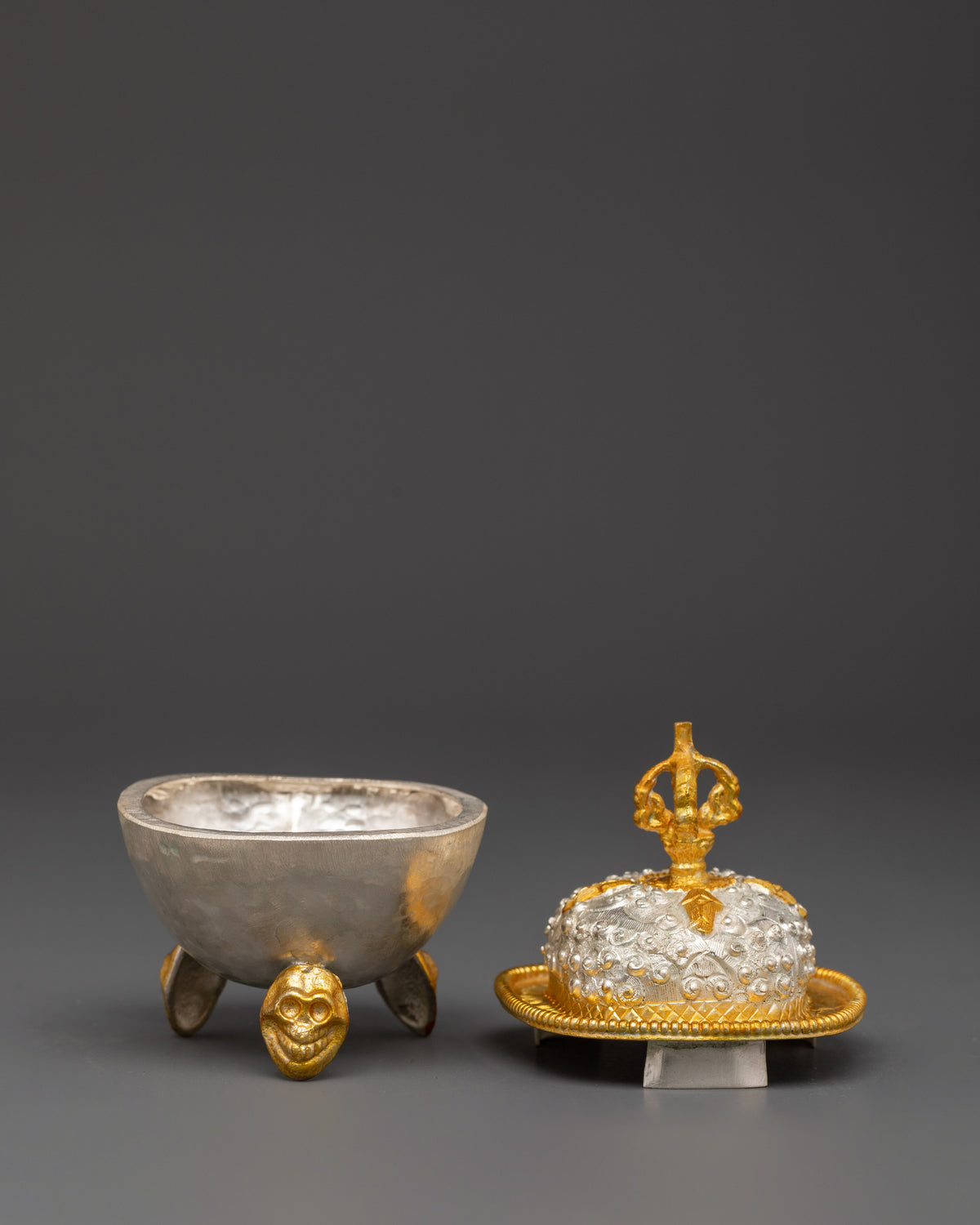 Handmade Kapala Set with Vajra Lid | Electro Gold and Silver Plated Skull Cup