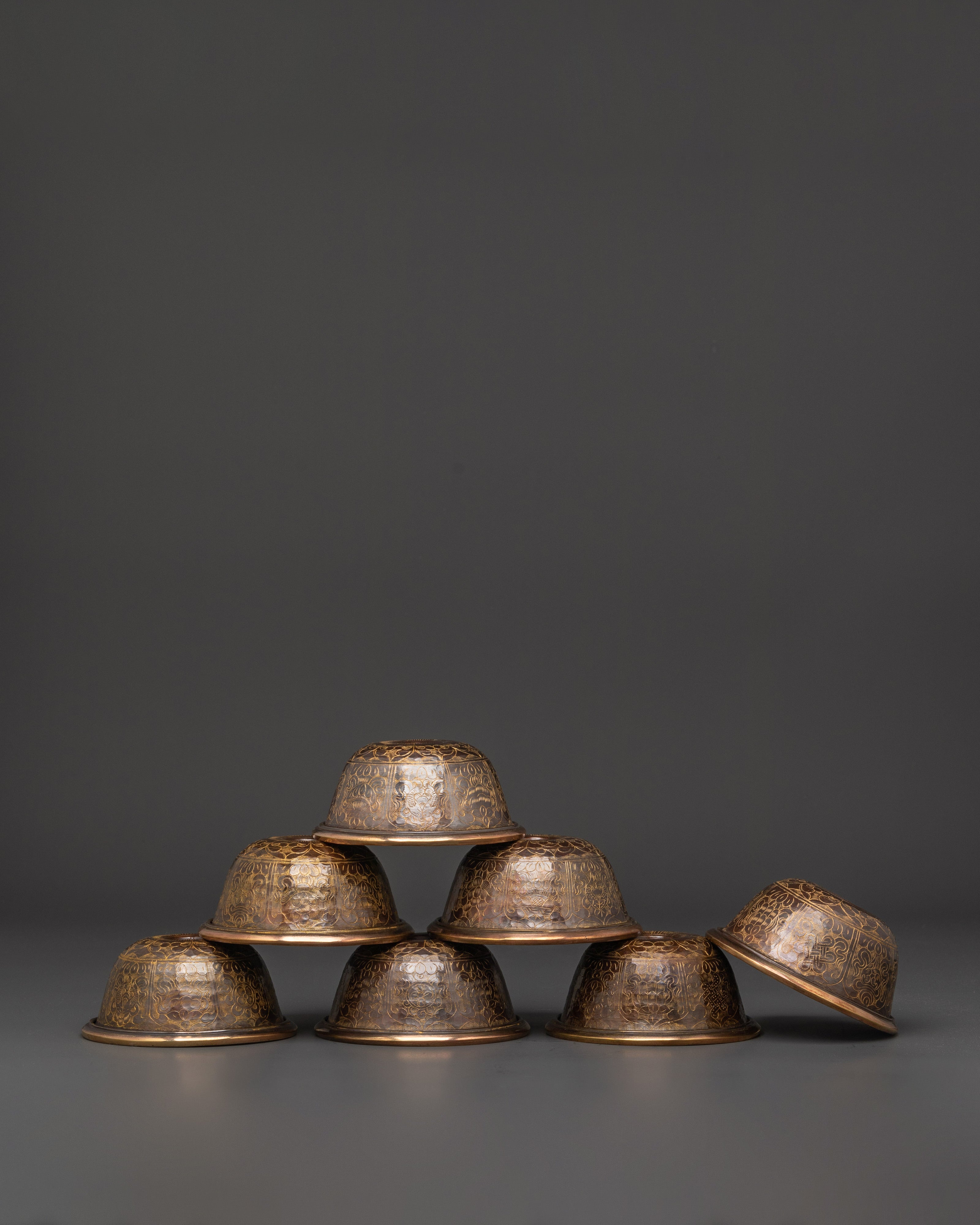 Handmade Tibetan Offering Bowl Set | Oxidized Copper Buddhist Altar Bowls