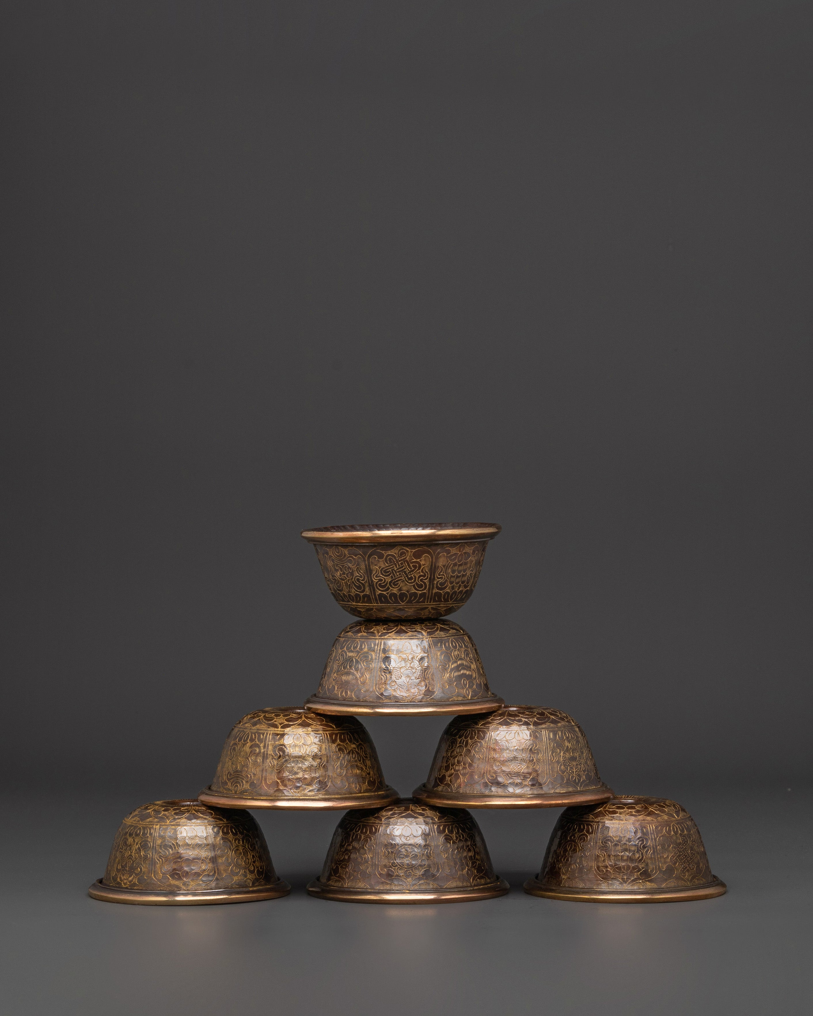 Handmade Tibetan Offering Bowl Set | Oxidized Copper Buddhist Altar Bowls