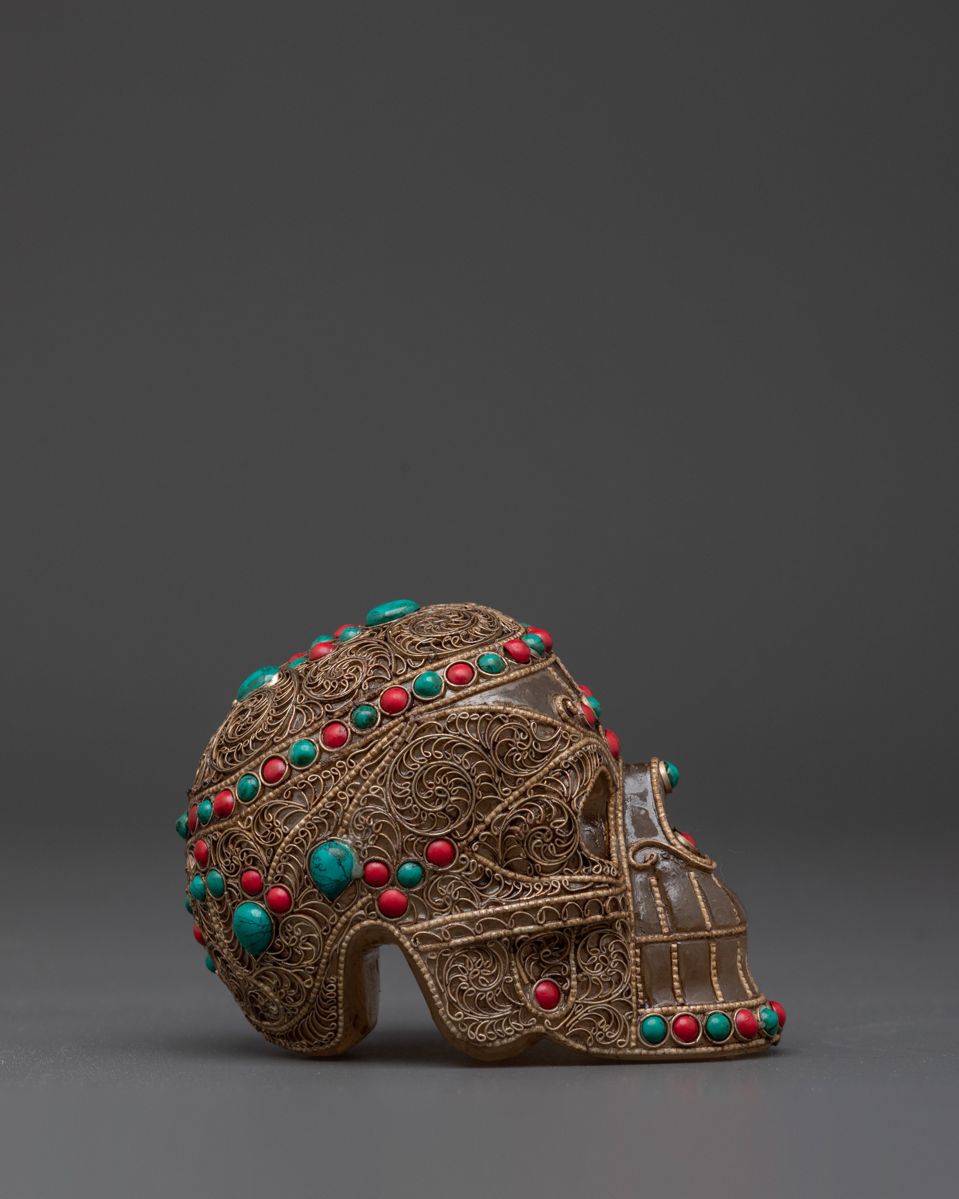Handcrafted Crystal Skull with Coral and Turquoise Stones