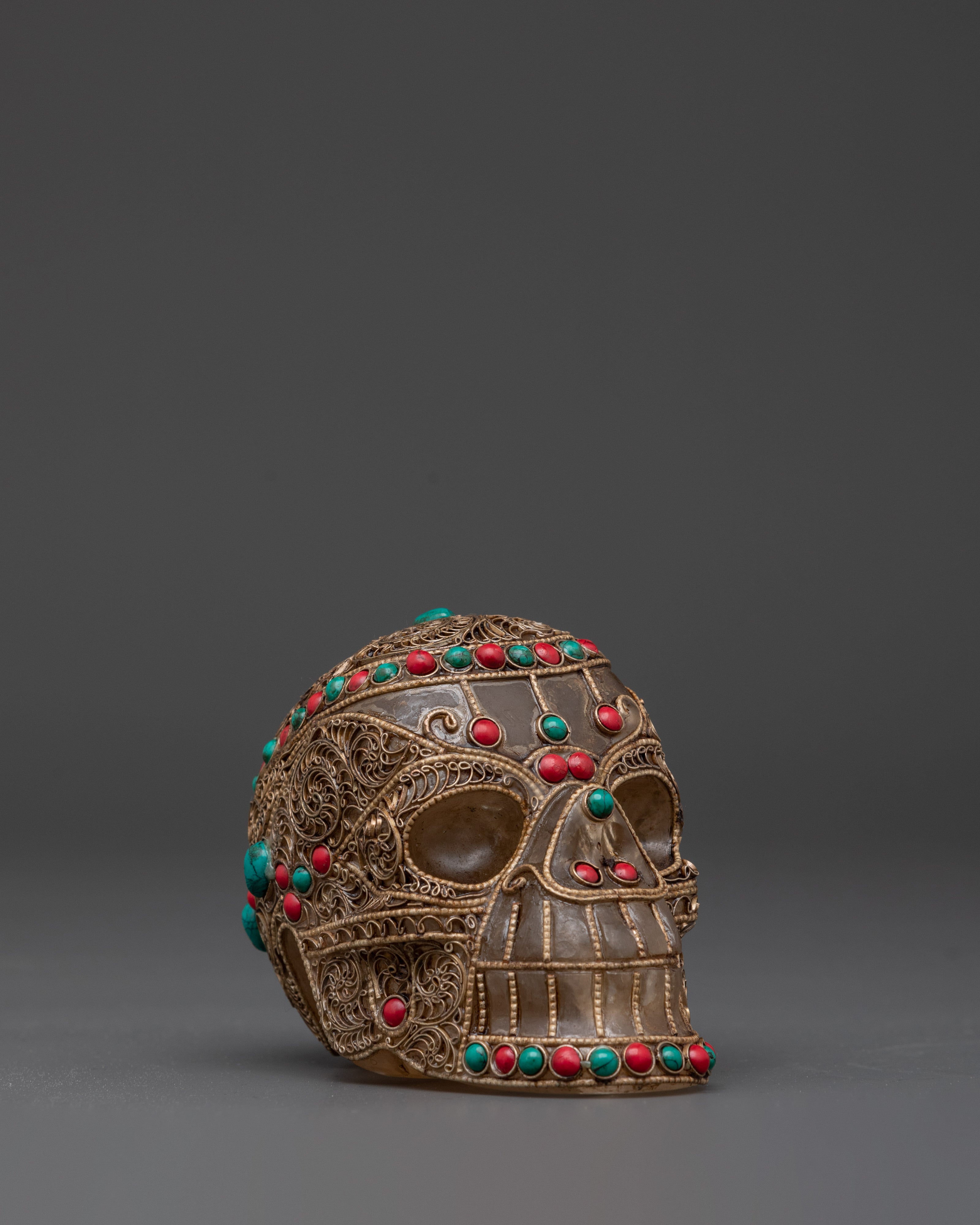 Handcrafted Crystal Skull with Coral and Turquoise Stones