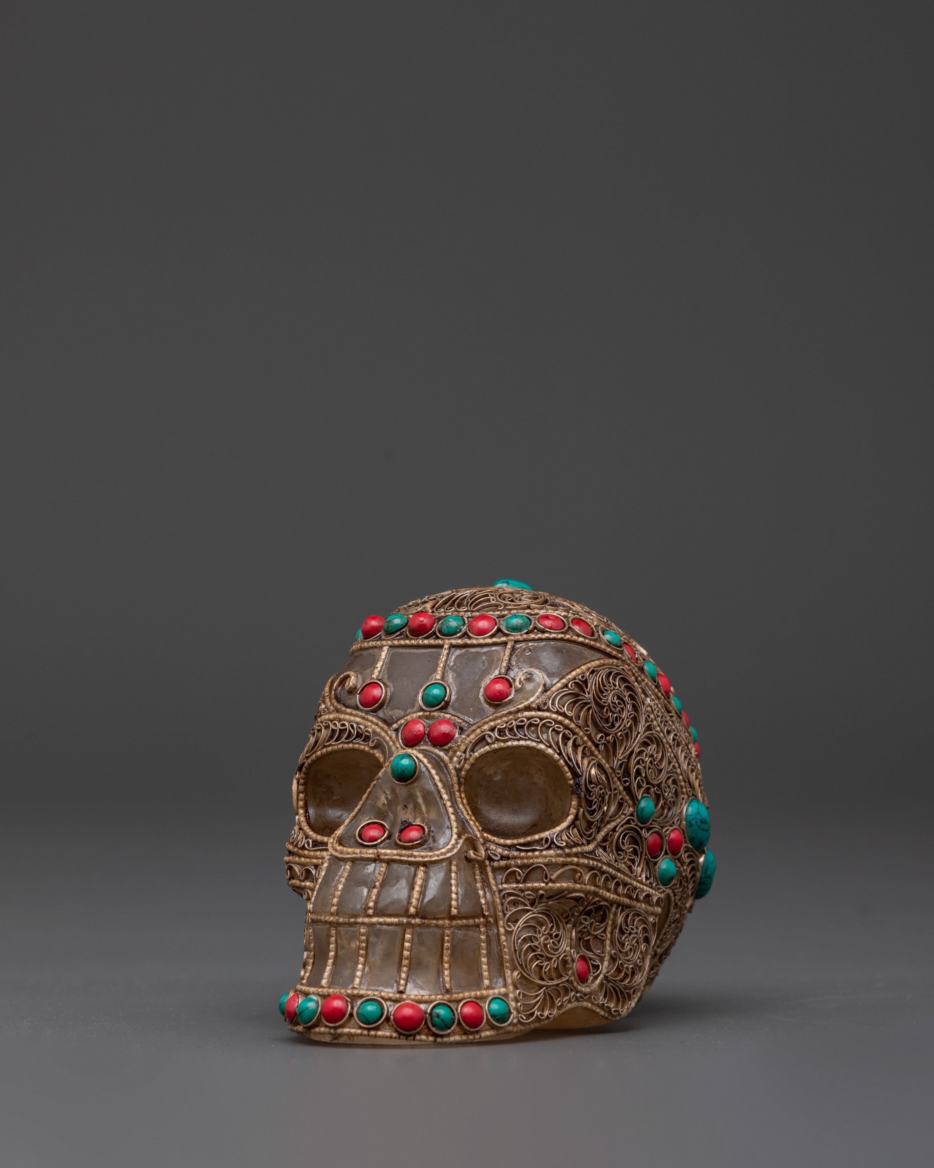 Handcrafted Crystal Skull with Coral and Turquoise Stones