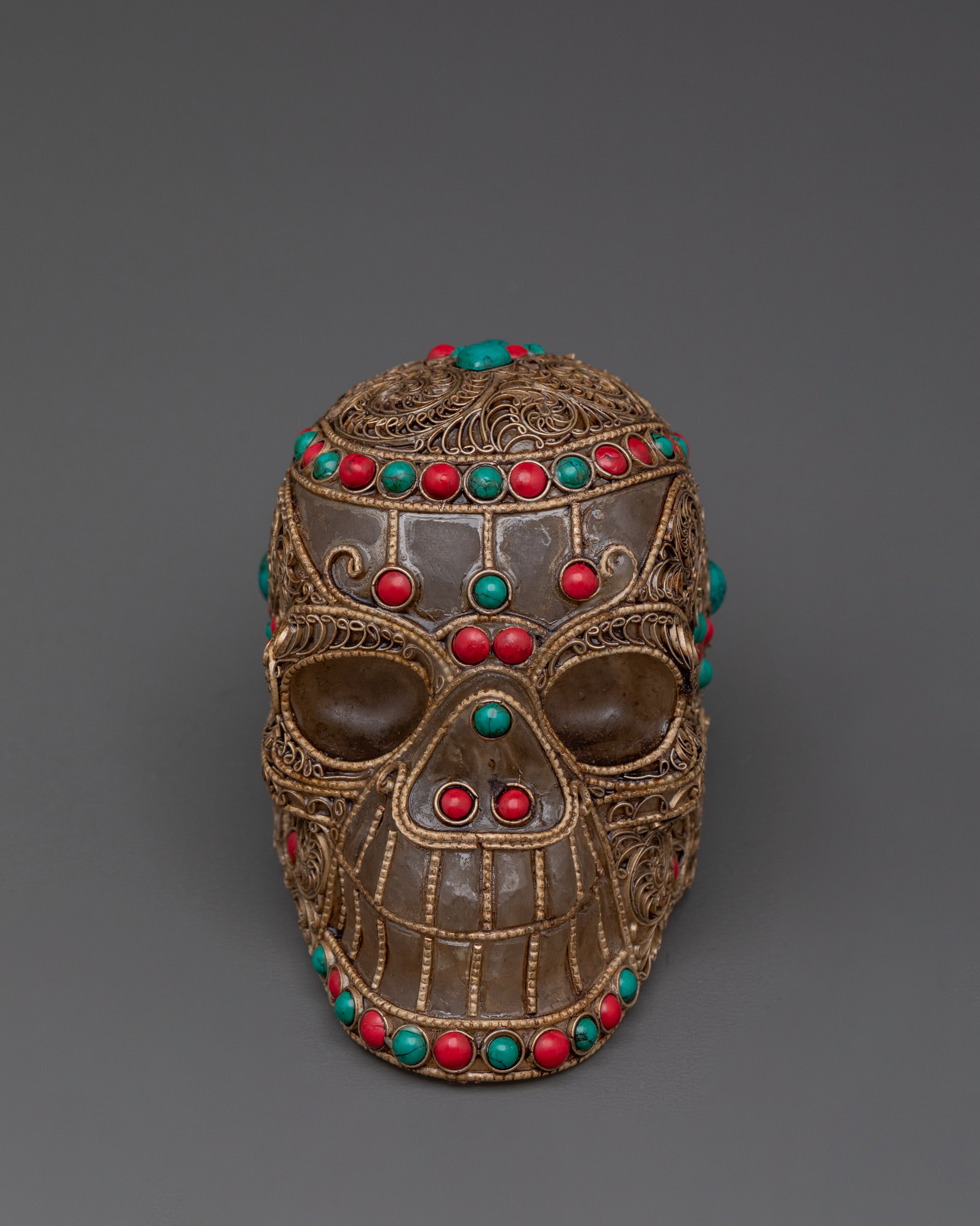 Handcrafted Crystal Skull with Coral and Turquoise Stones