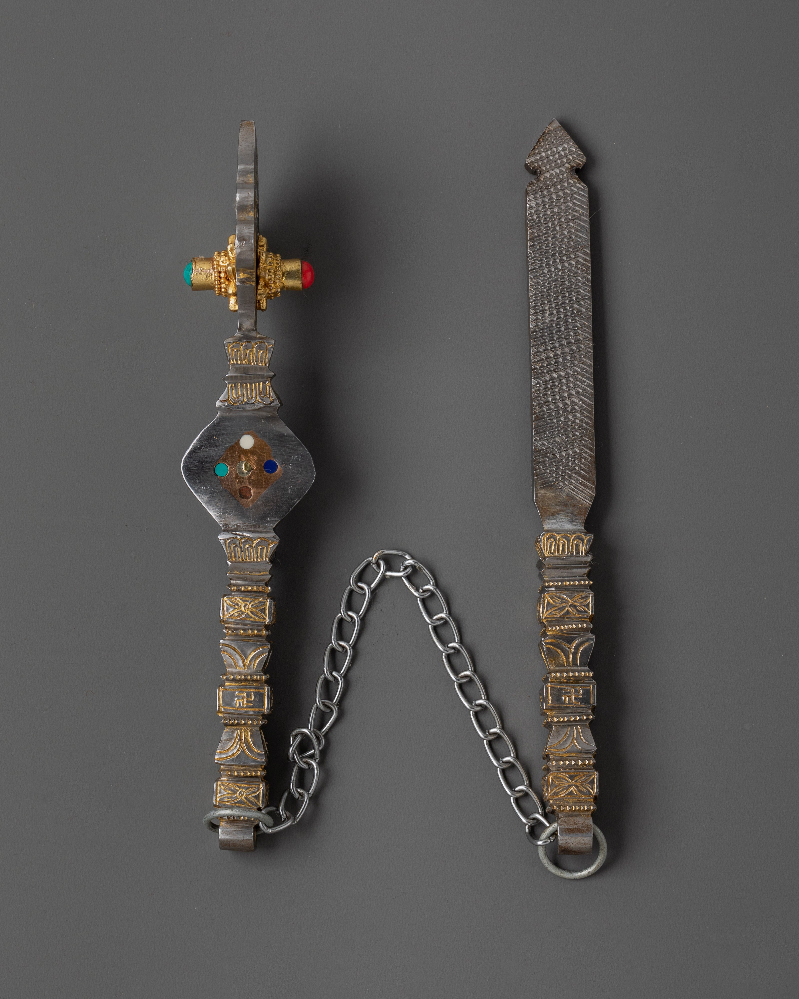 Handcrafted Richen Daru Set with Turquoise Inlay | Tibetan Buddhist Emblem