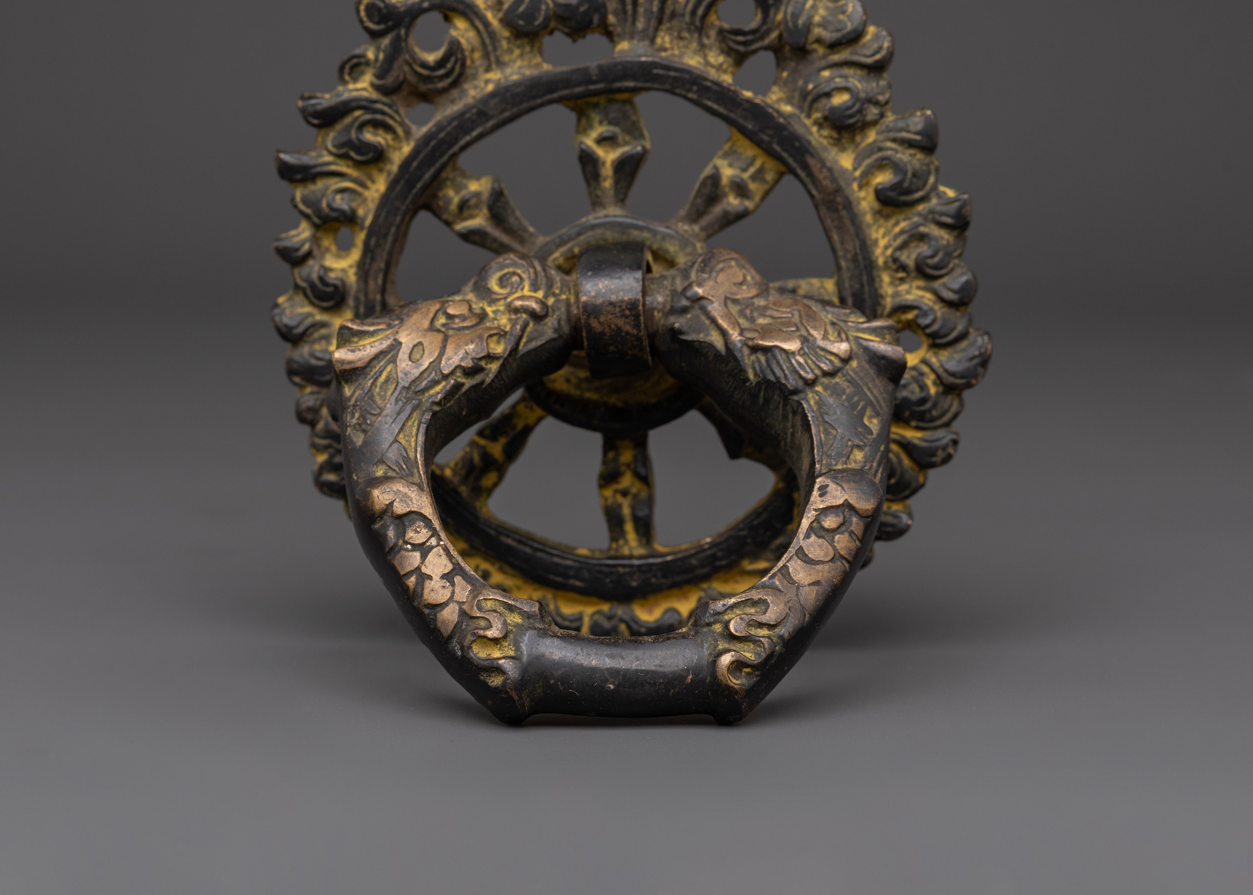 Tibetan Guardian Head Door Handle | Brass Ring Pull with Sacred Motifs