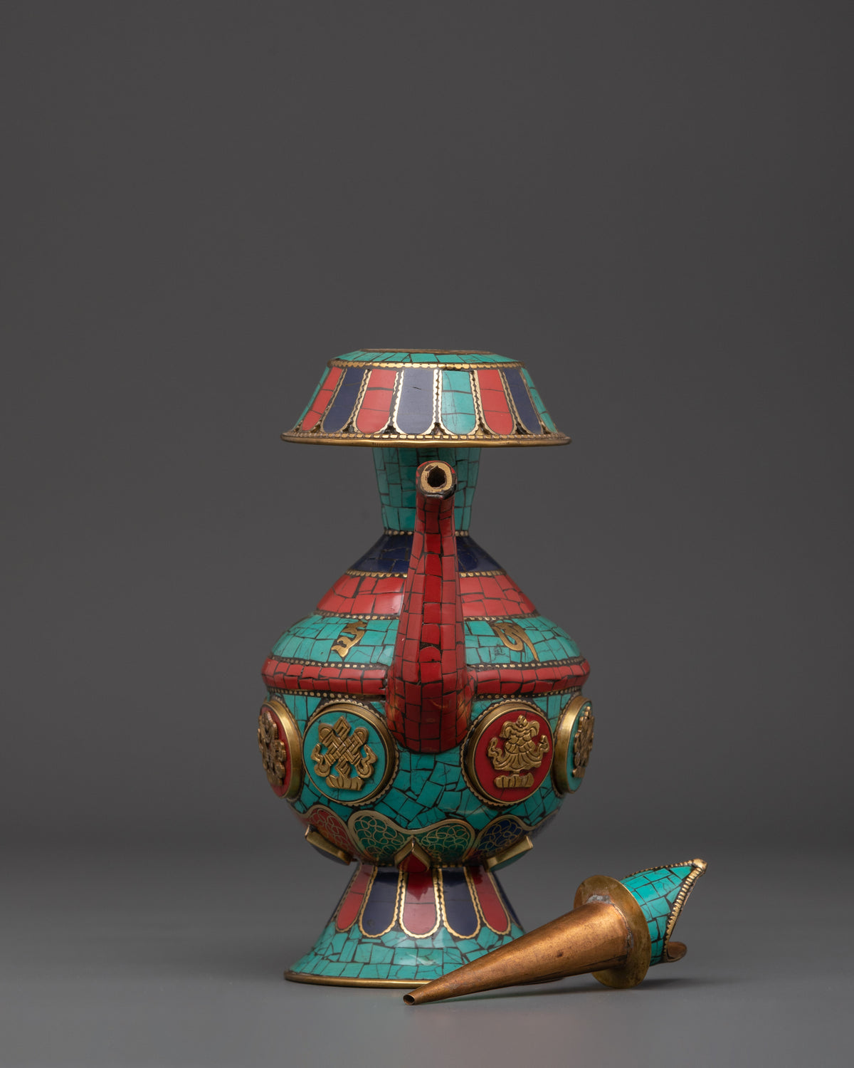 Tibetan Bhumba Water Vase | Ritual Offering Pot with Sacred Stone Inlay