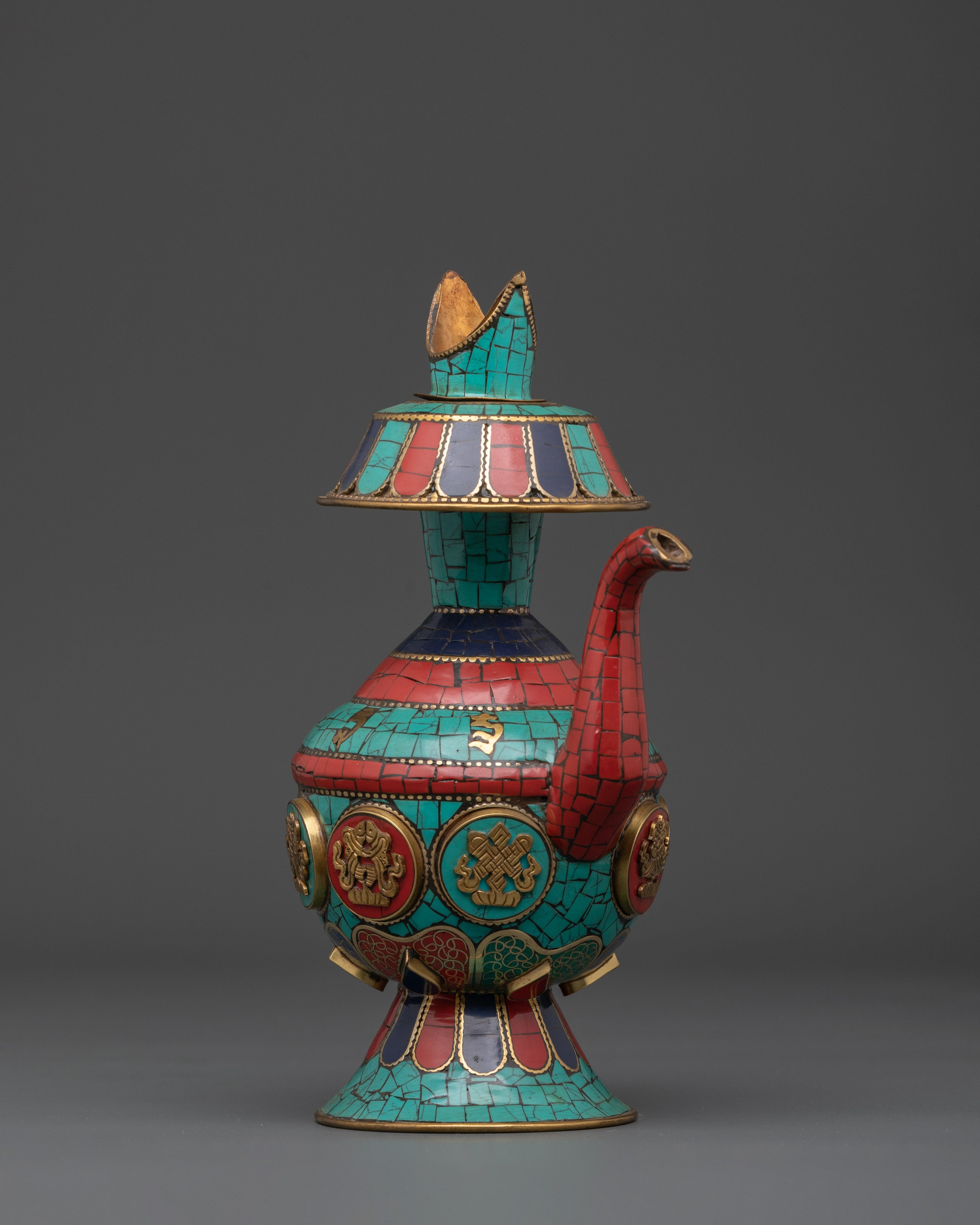 Tibetan Bhumba Water Vase | Ritual Offering Pot with Sacred Stone Inlay