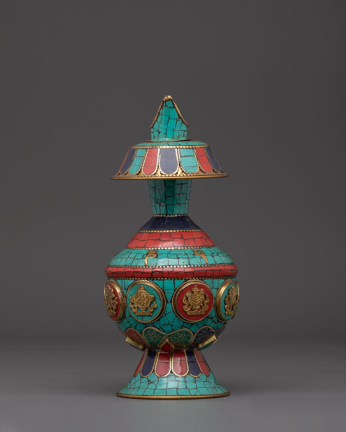Tibetan Bhumba Water Vase | Ritual Offering Pot with Sacred Stone Inlay