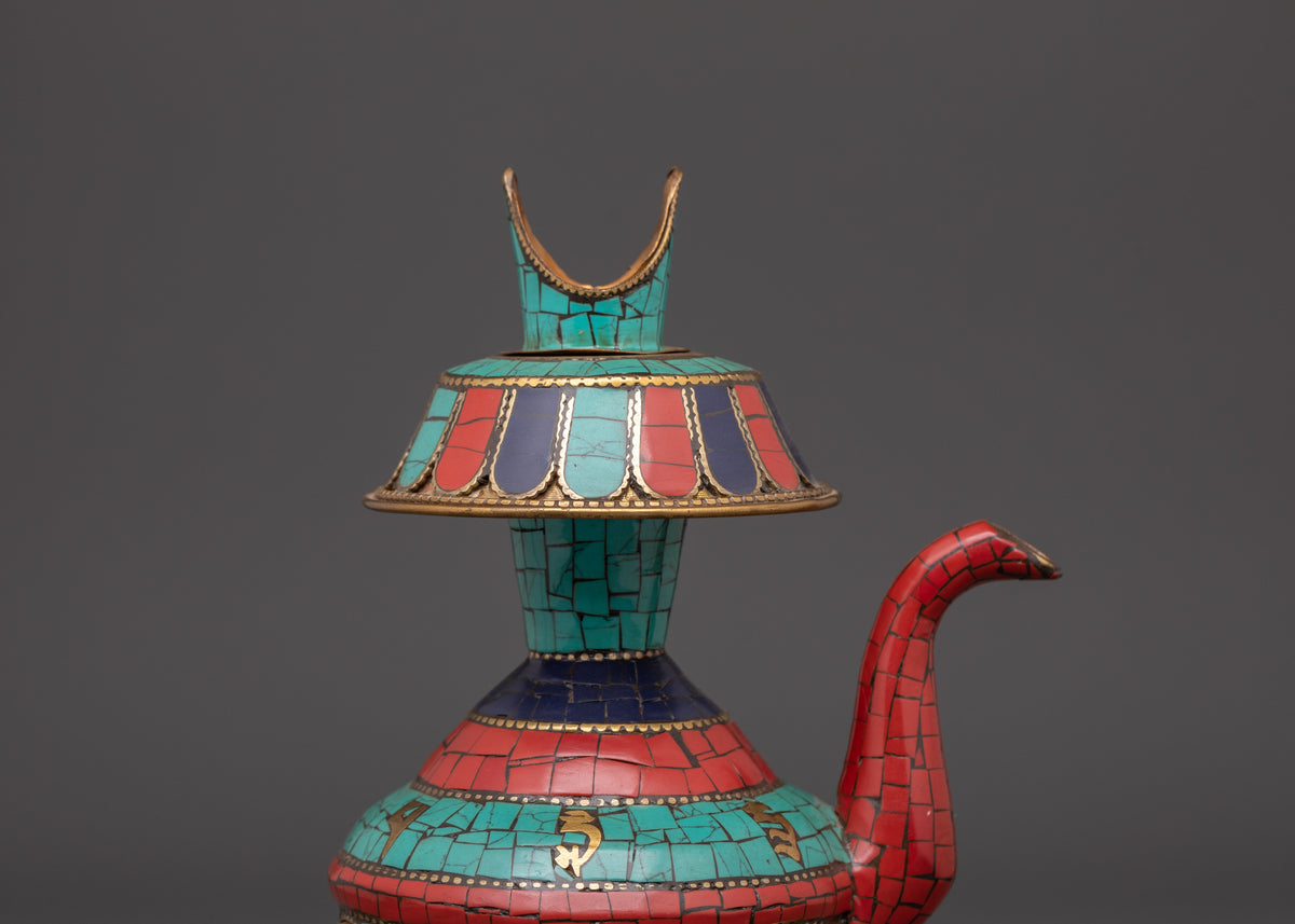 Tibetan Bhumba Water Vase | Ritual Offering Pot with Sacred Stone Inlay