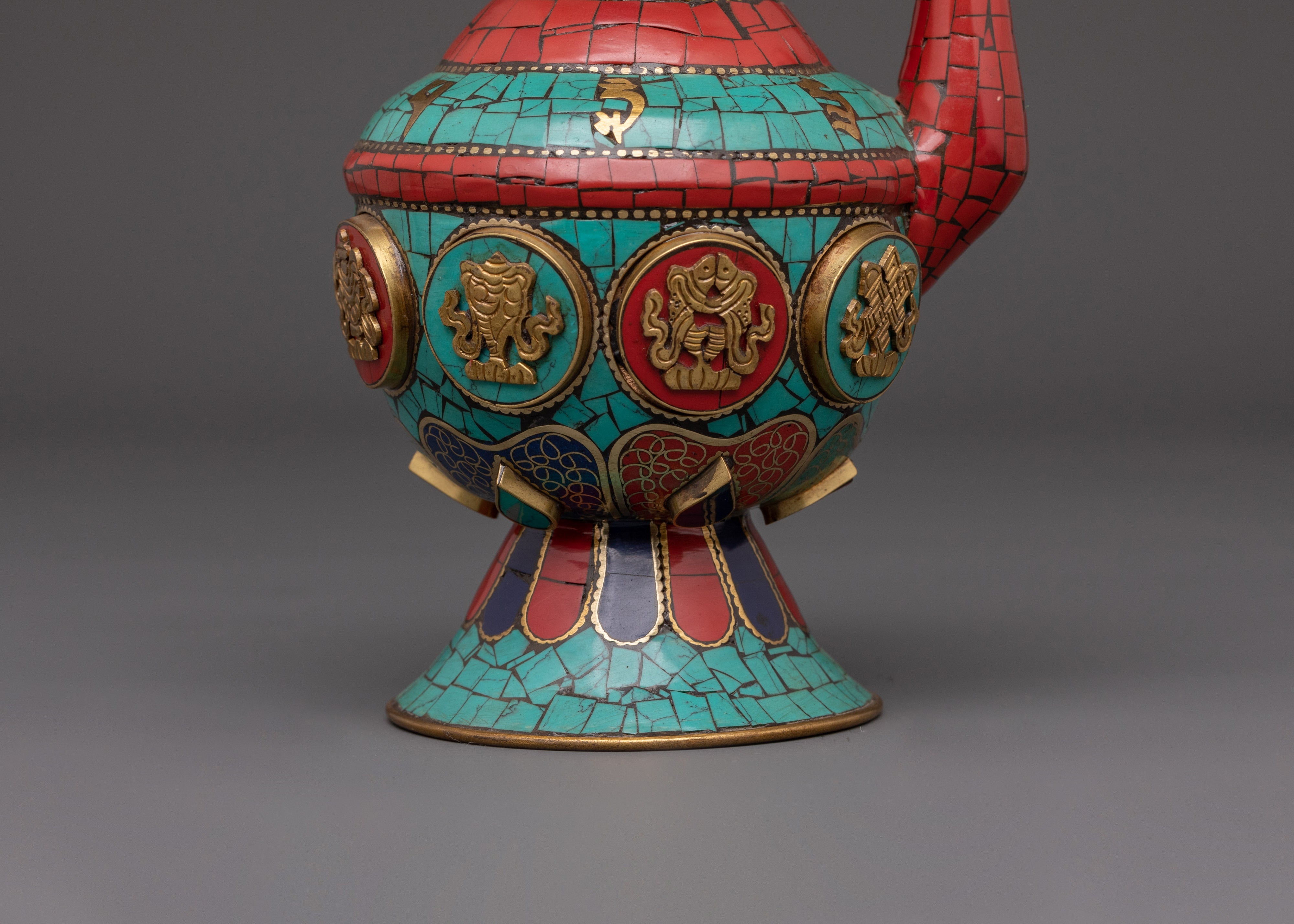 Tibetan Bhumba Water Vase | Ritual Offering Pot with Sacred Stone Inlay