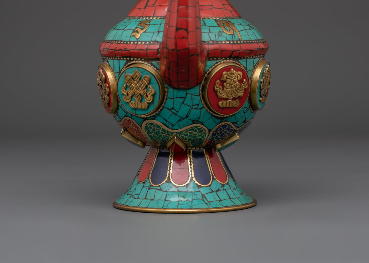 Tibetan Bhumba Water Vase | Ritual Offering Pot with Sacred Stone Inlay