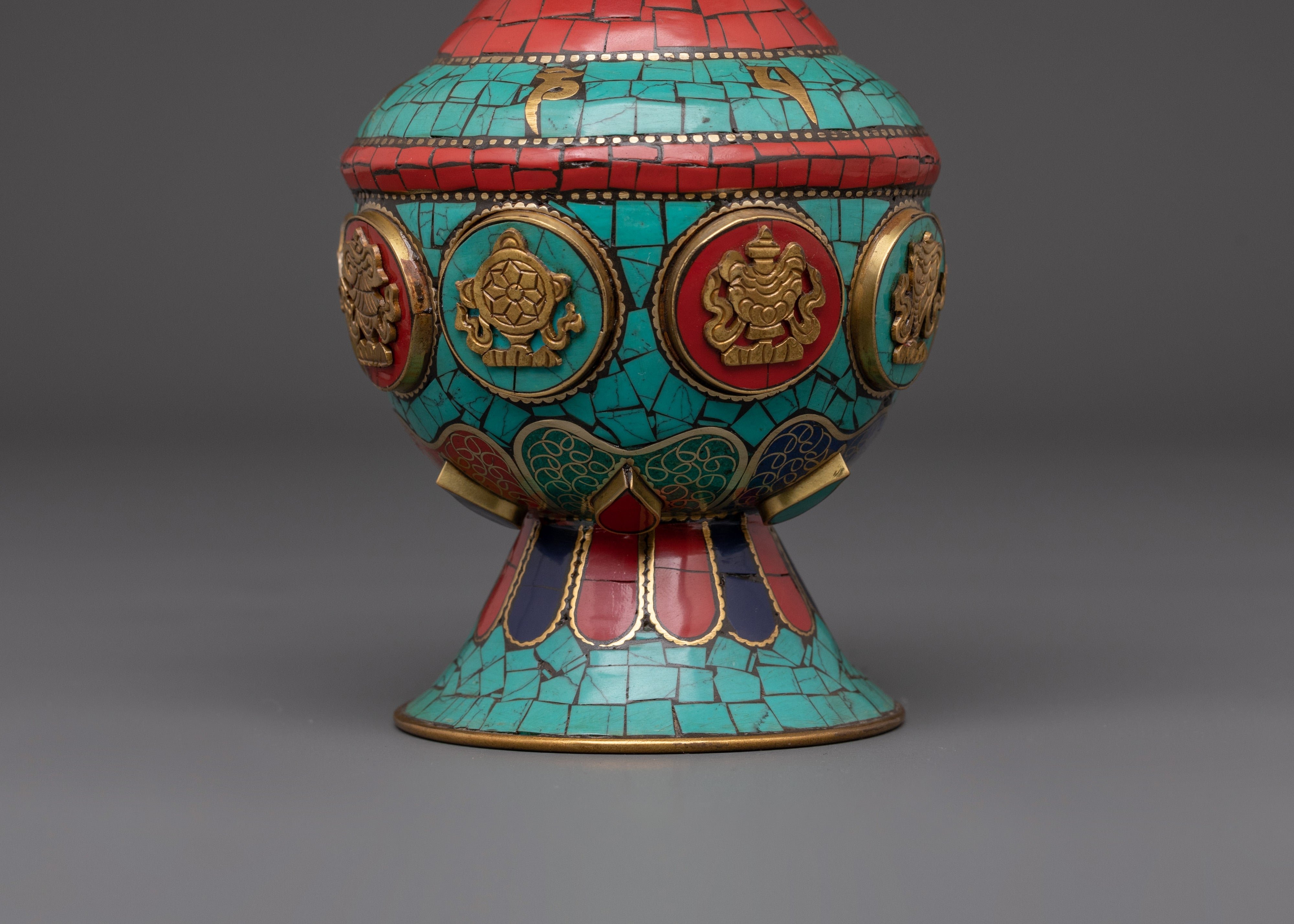 Tibetan Bhumba Water Vase | Ritual Offering Pot with Sacred Stone Inlay