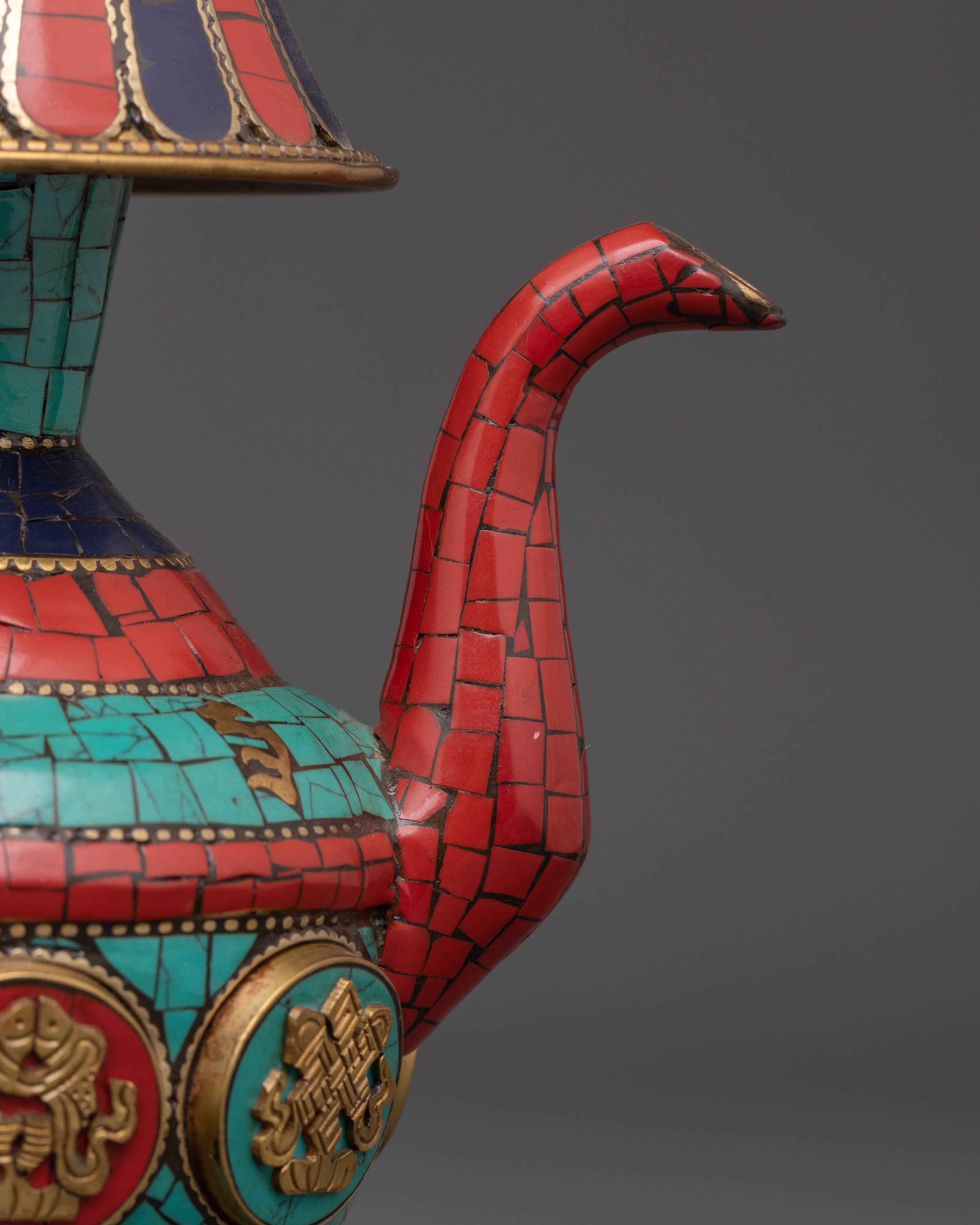 Tibetan Bhumba Water Vase | Ritual Offering Pot with Sacred Stone Inlay