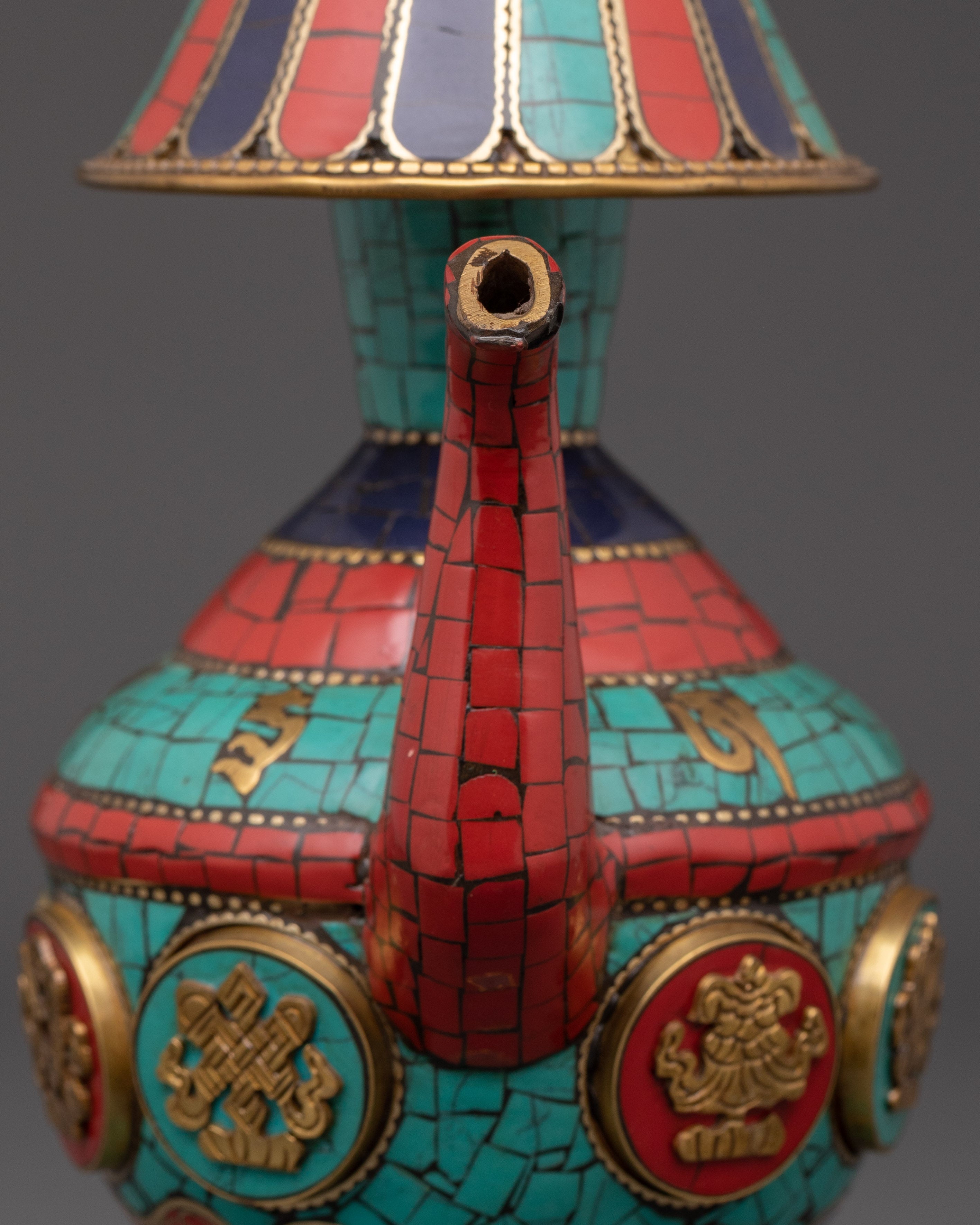 Tibetan Bhumba Water Vase | Ritual Offering Pot with Sacred Stone Inlay