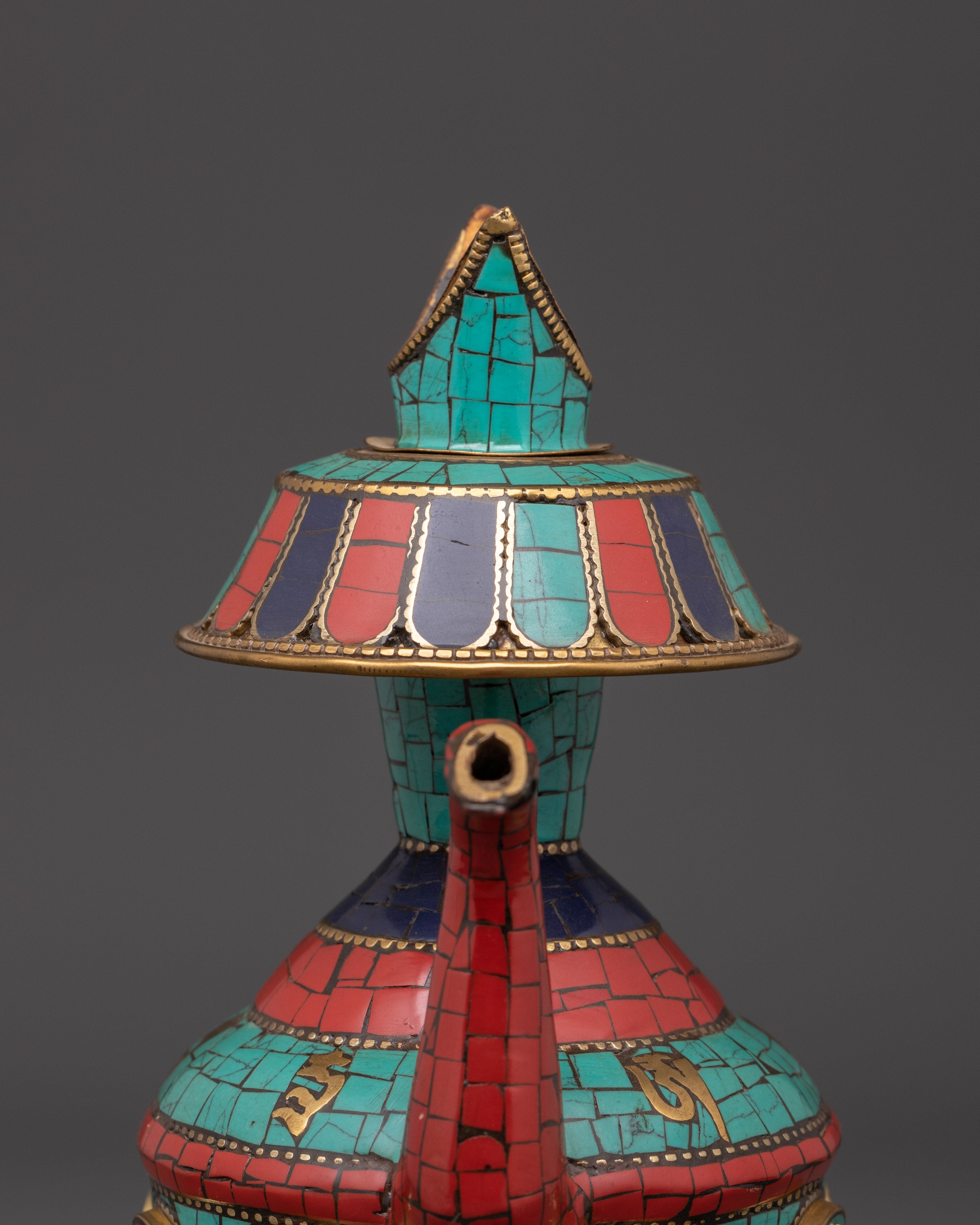 Tibetan Bhumba Water Vase | Ritual Offering Pot with Sacred Stone Inlay
