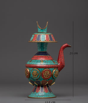 Tibetan Bhumba Water Vase | Ritual Offering Pot with Sacred Stone Inlay