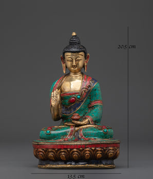 Handmade Amoghasiddhi Buddha Sculpture | Brass, Coral & Turquoise Inlay