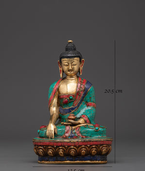 Brass Gautama Buddha Statue | Enlightened One in Vibrant Turquoise & Coral