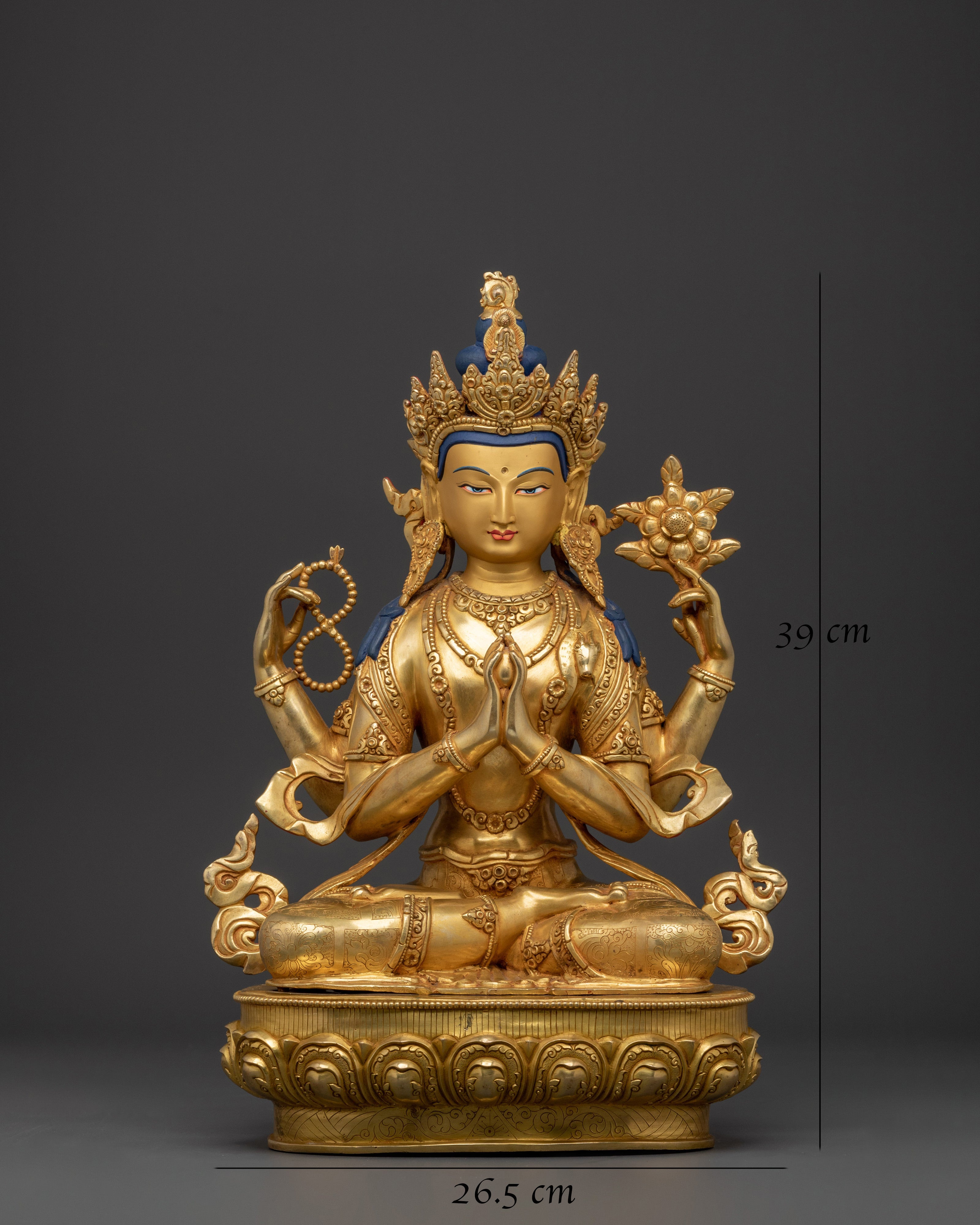 Himalayan Chenrezig Sculpture | Gold-Plated Tibetan Avalokiteshvara Statue