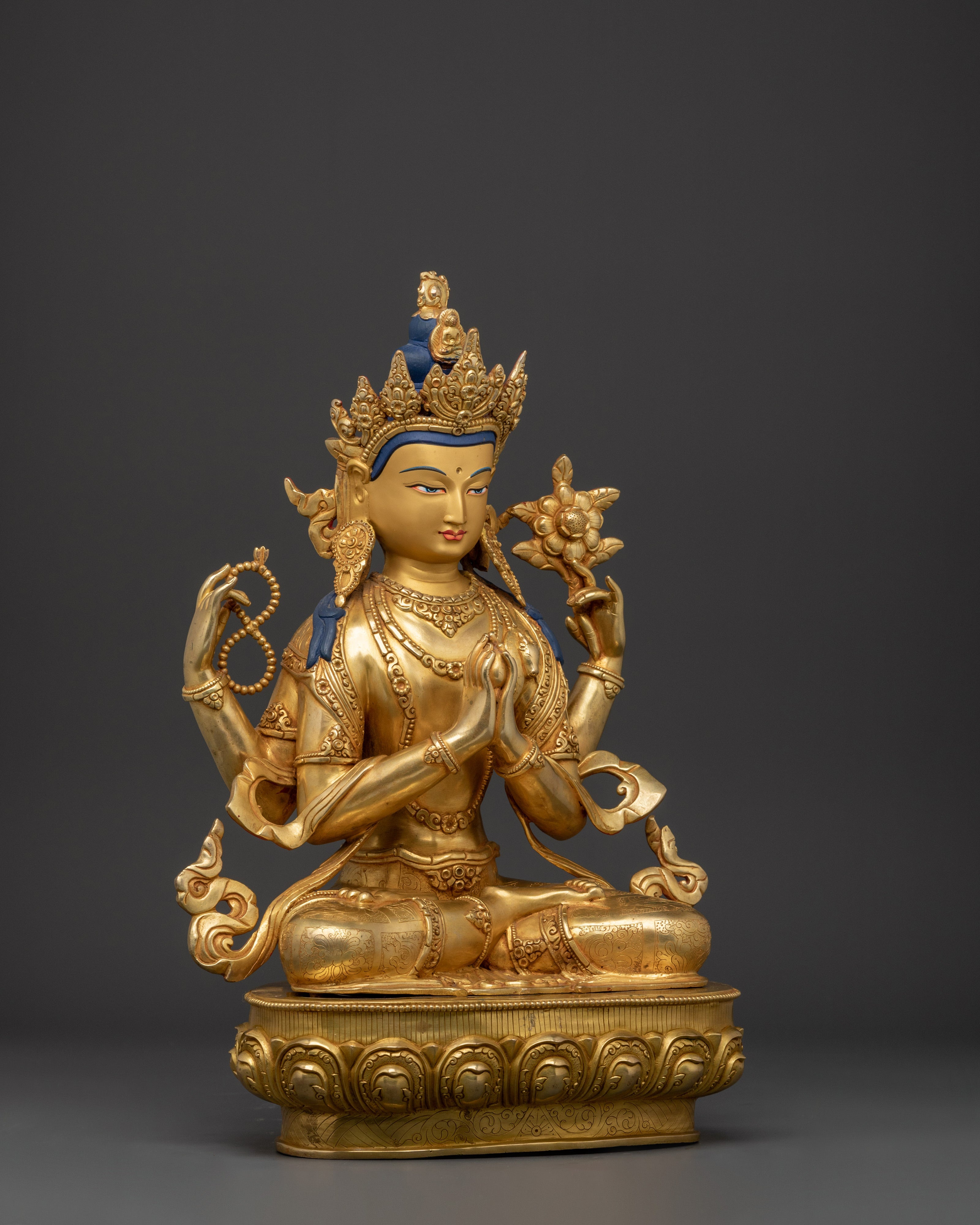 Himalayan Chenrezig Sculpture | Gold-Plated Tibetan Avalokiteshvara Statue