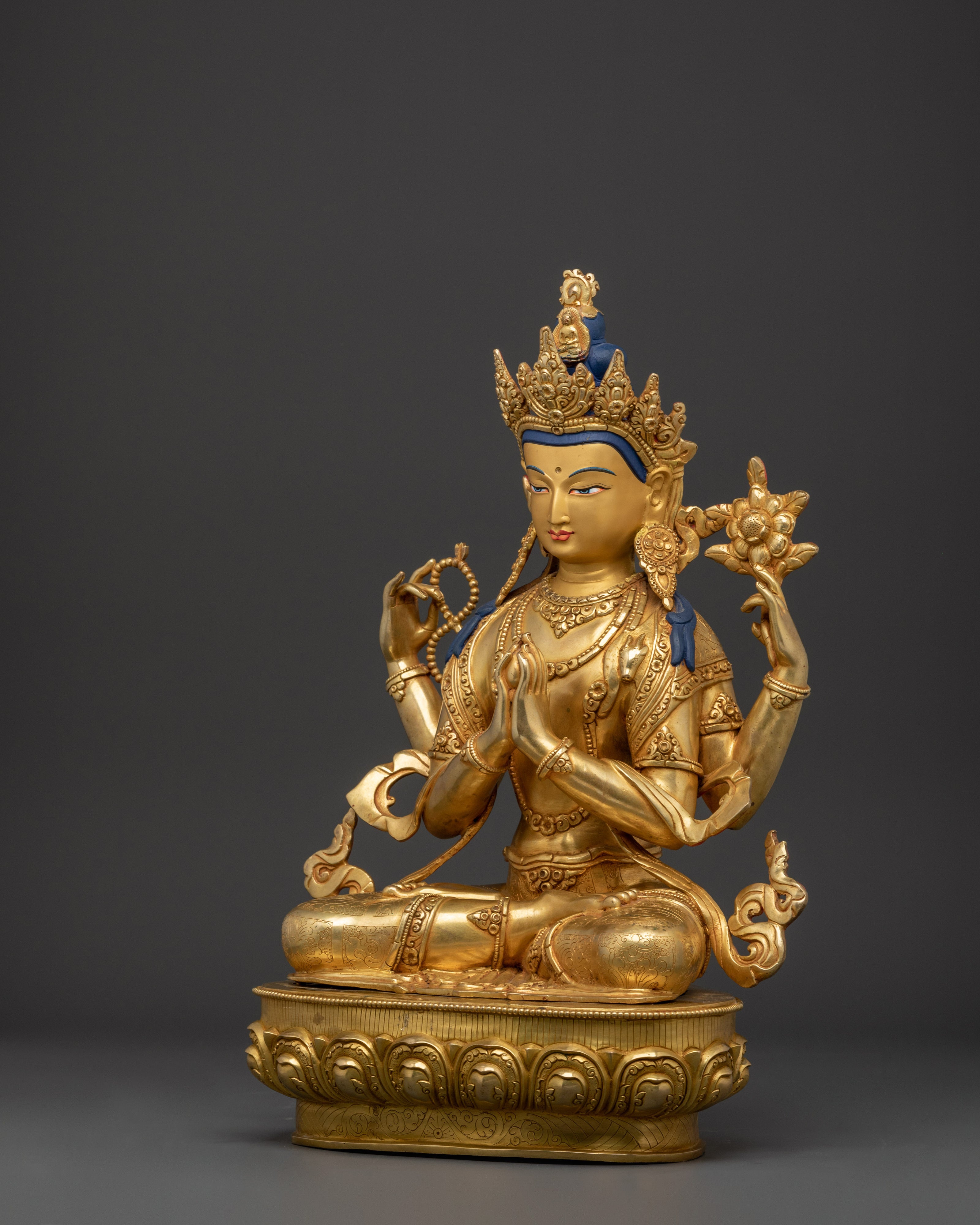 Himalayan Chenrezig Sculpture | Gold-Plated Tibetan Avalokiteshvara Statue
