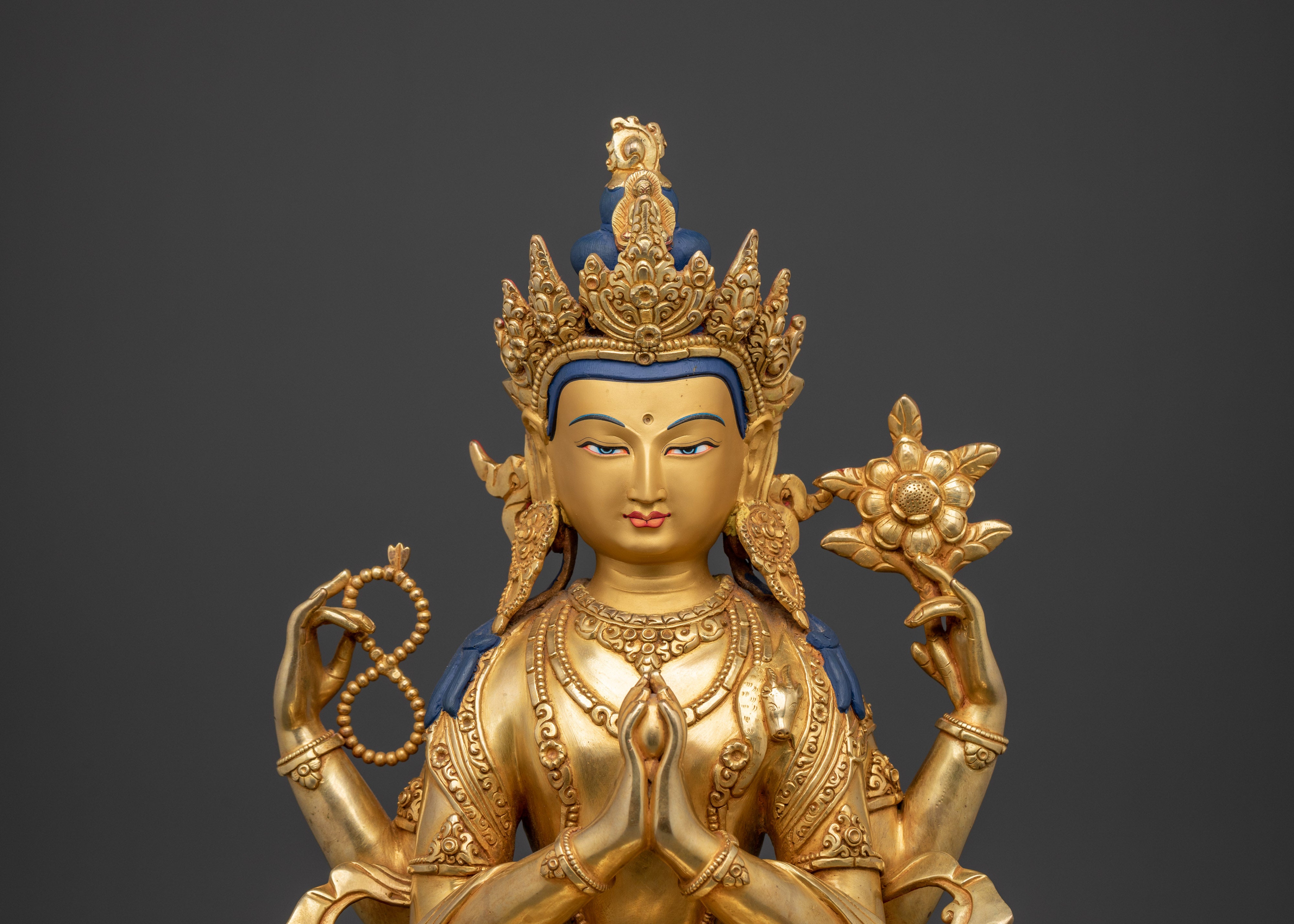 Himalayan Chenrezig Sculpture | Gold-Plated Tibetan Avalokiteshvara Statue