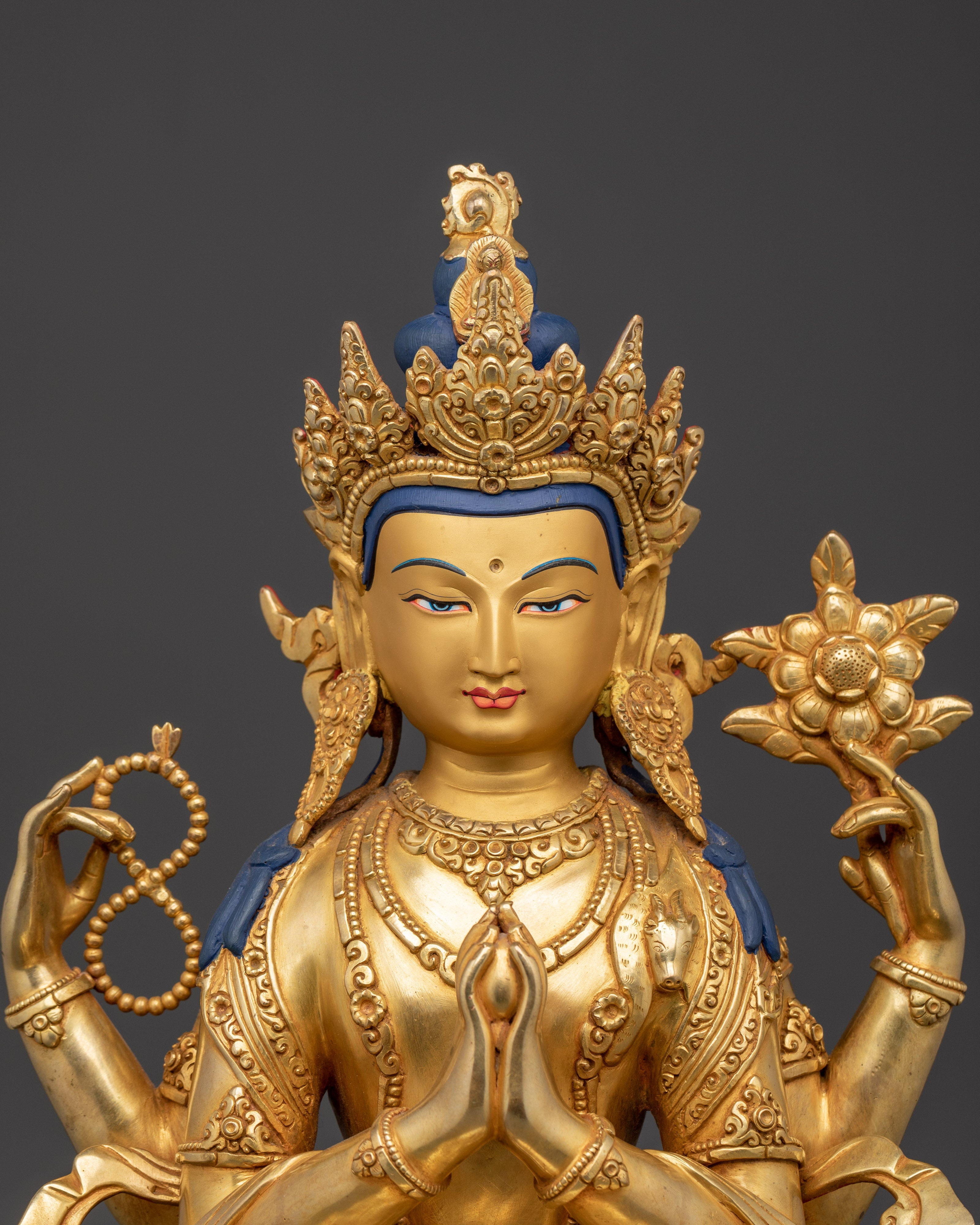 Himalayan Chenrezig Sculpture | Gold-Plated Tibetan Avalokiteshvara Statue