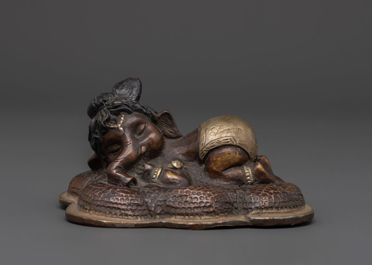 Handmade Oxidized Ganesh Statue in Copper | Sleeping Ganesha Idol for Home Decor