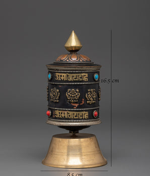 Tibetan Mantra Prayer Wheel with Base | Spinning Altar Decor
