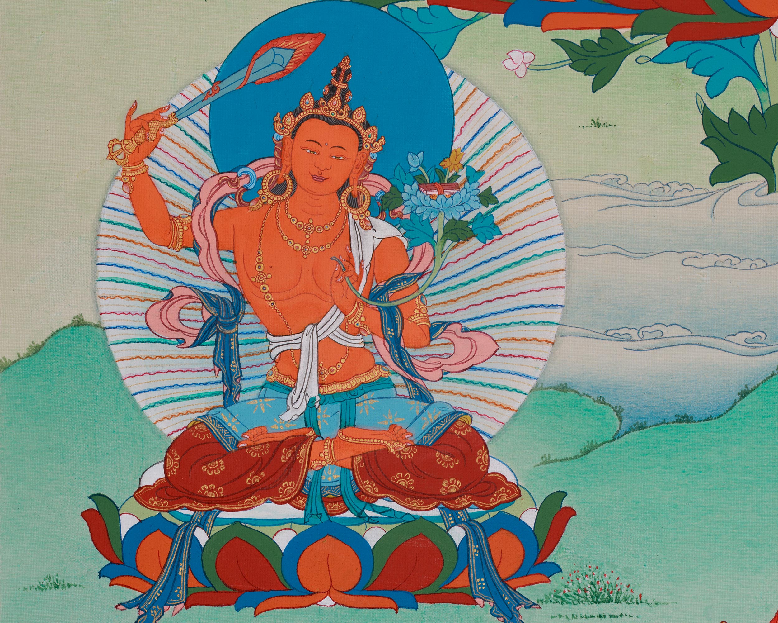 Chenrezig With Great Bodhisattvas Thangka | Wisdom Deity Manjushri | Vajrapani Art