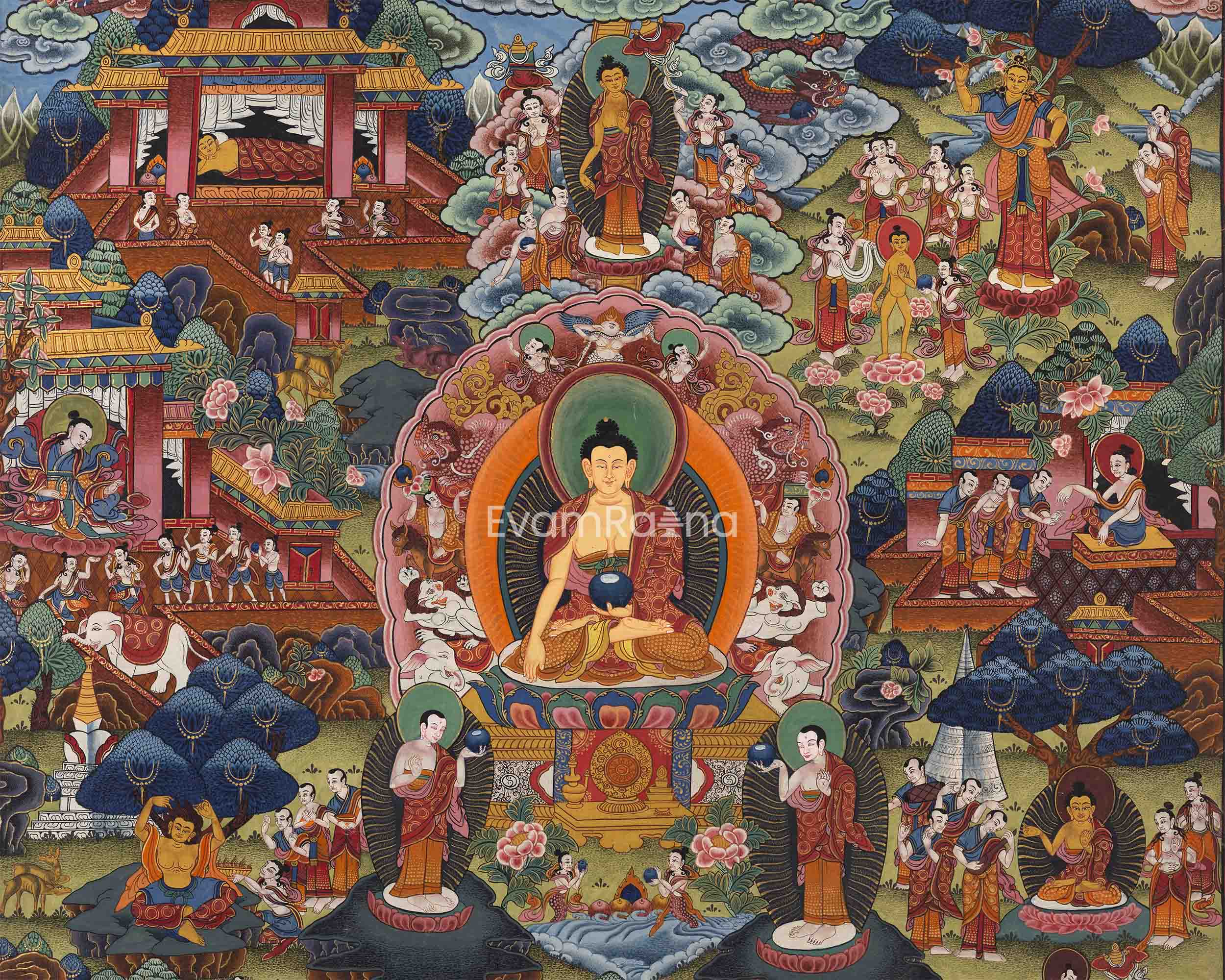 Historical Shakyamuni Buddha Story Nepali Painting Print | Newari Art Print For Mindfulness & Home Decor