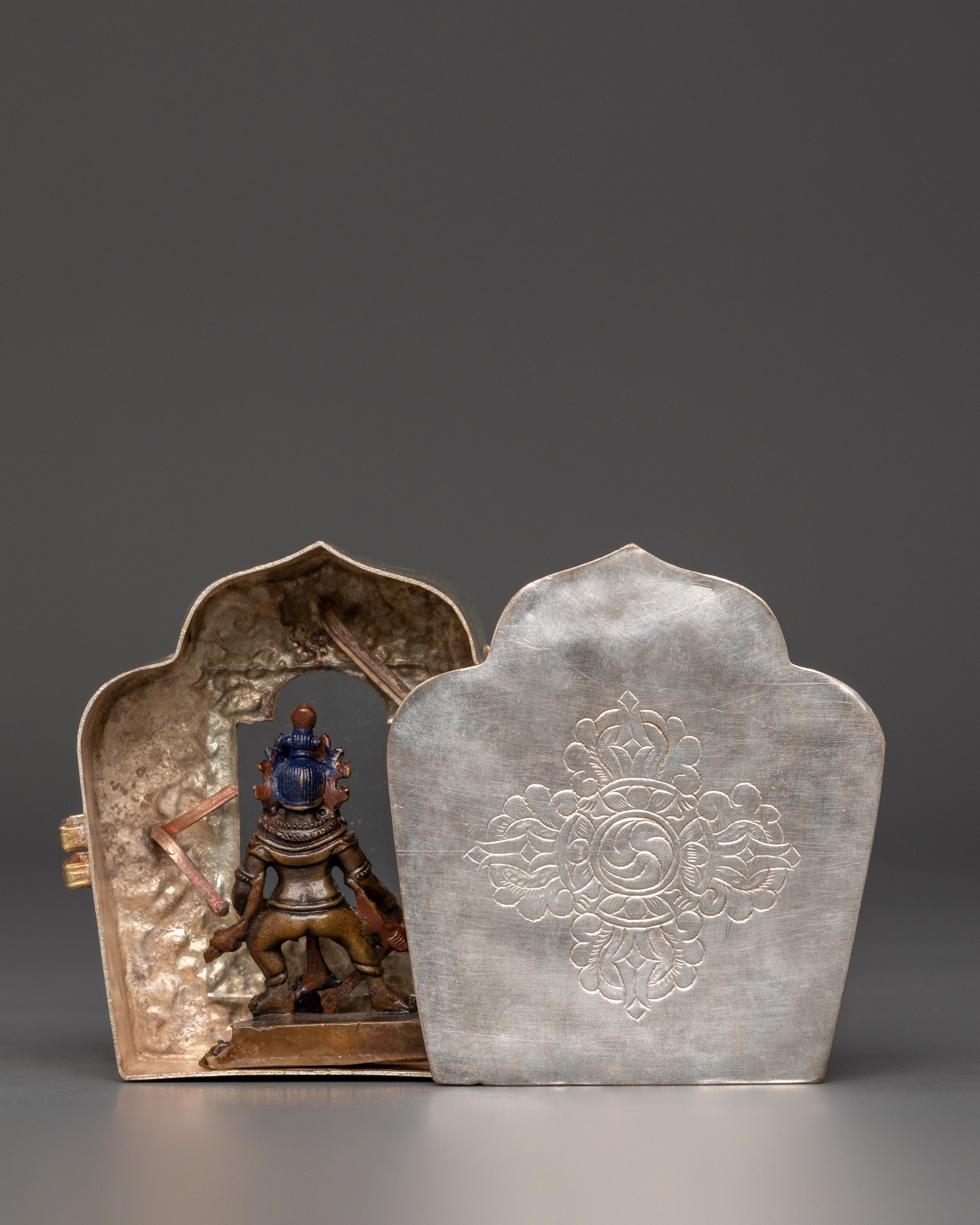 Tibetan Ghau Box with Deity Statue | Portable Buddhist Altar Shrine