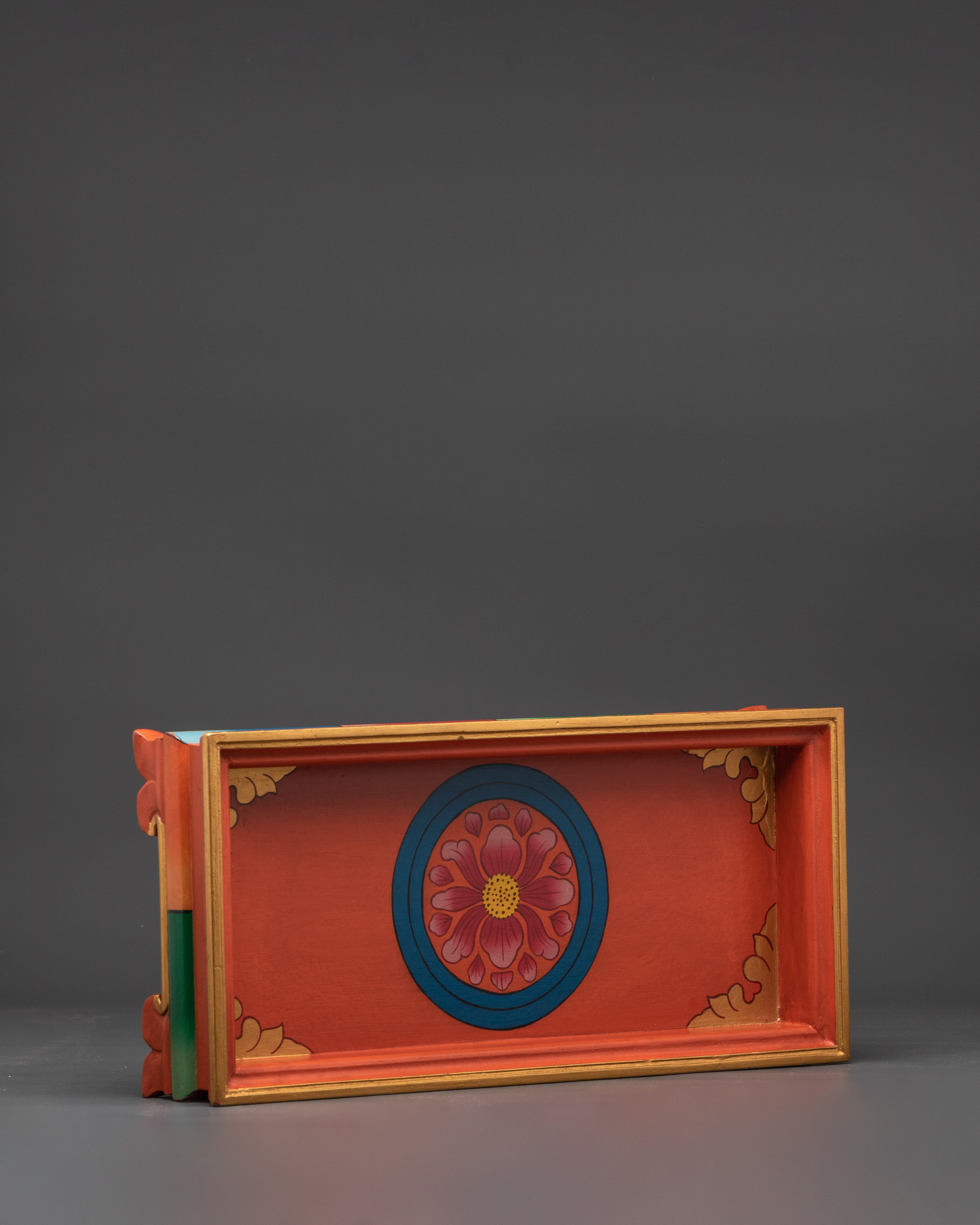 Handcrafted Tibetan Buddhist Offering Tray | Floral Mandala Design with Corner Motifs