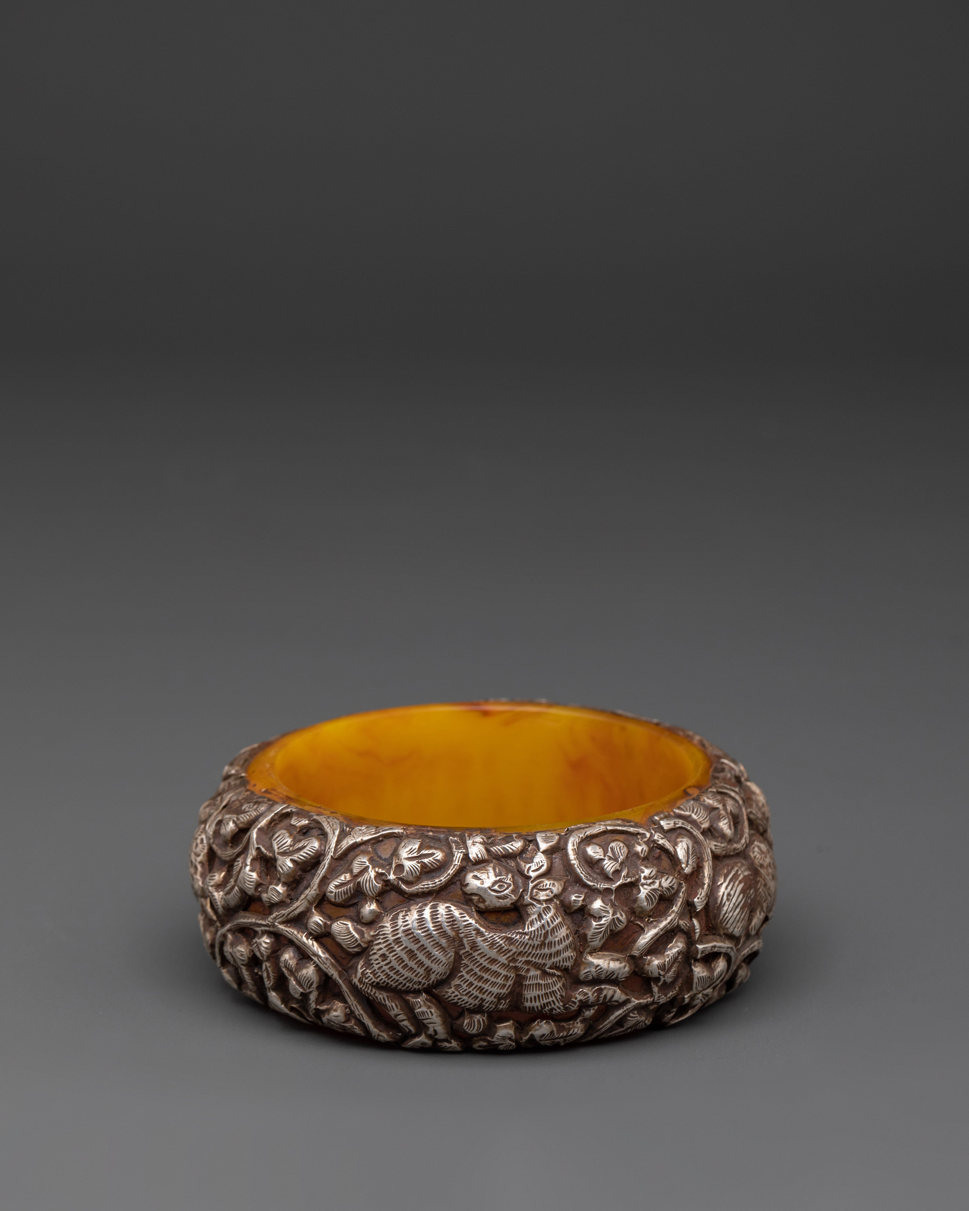 Tibetan Silver Plated Bangle | Carved Resin Jewelry