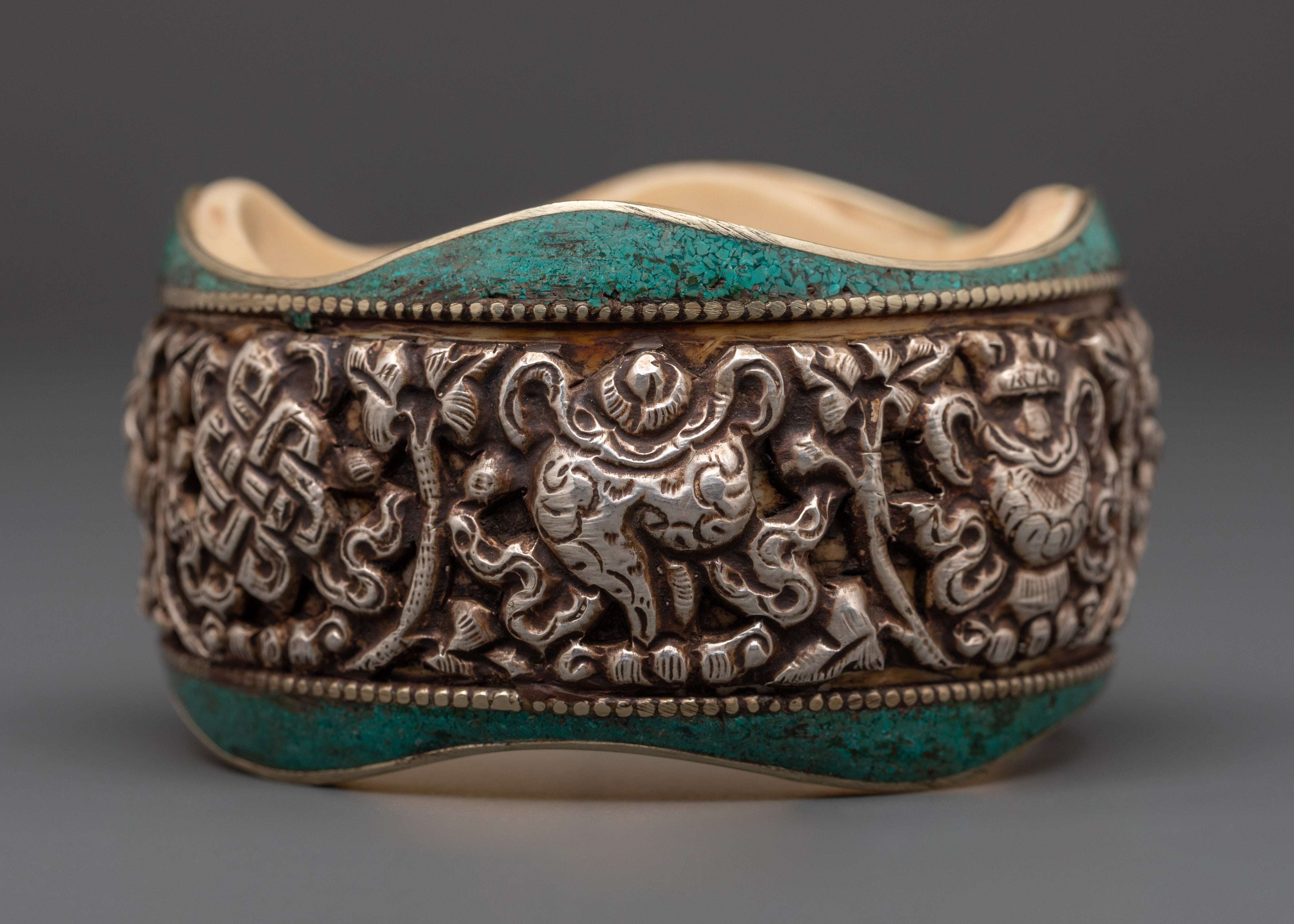 Tibetan Silver Bracelet with Auspicious Symbol  | Handcrafted Spiritual Jewelry