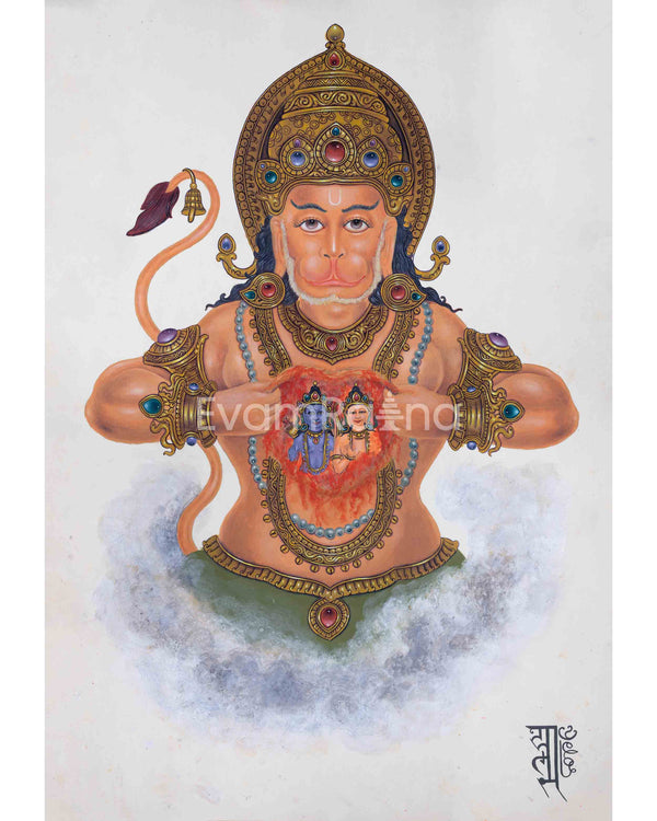 Hanuman Ji Depicted In Newari Paubha Print 