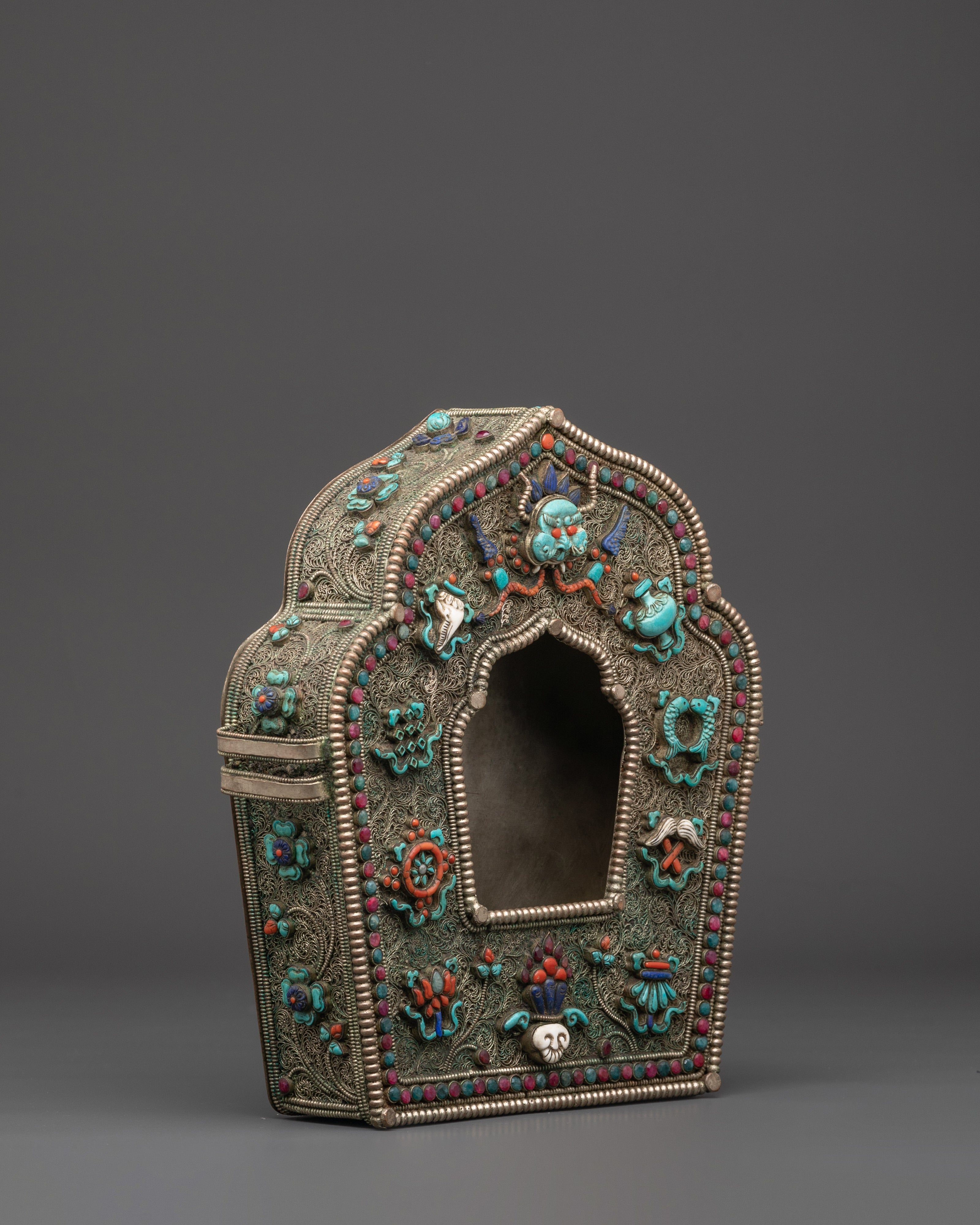 Copper Ghau Box with Coral | Handcrafted Tibetan Ghau Box