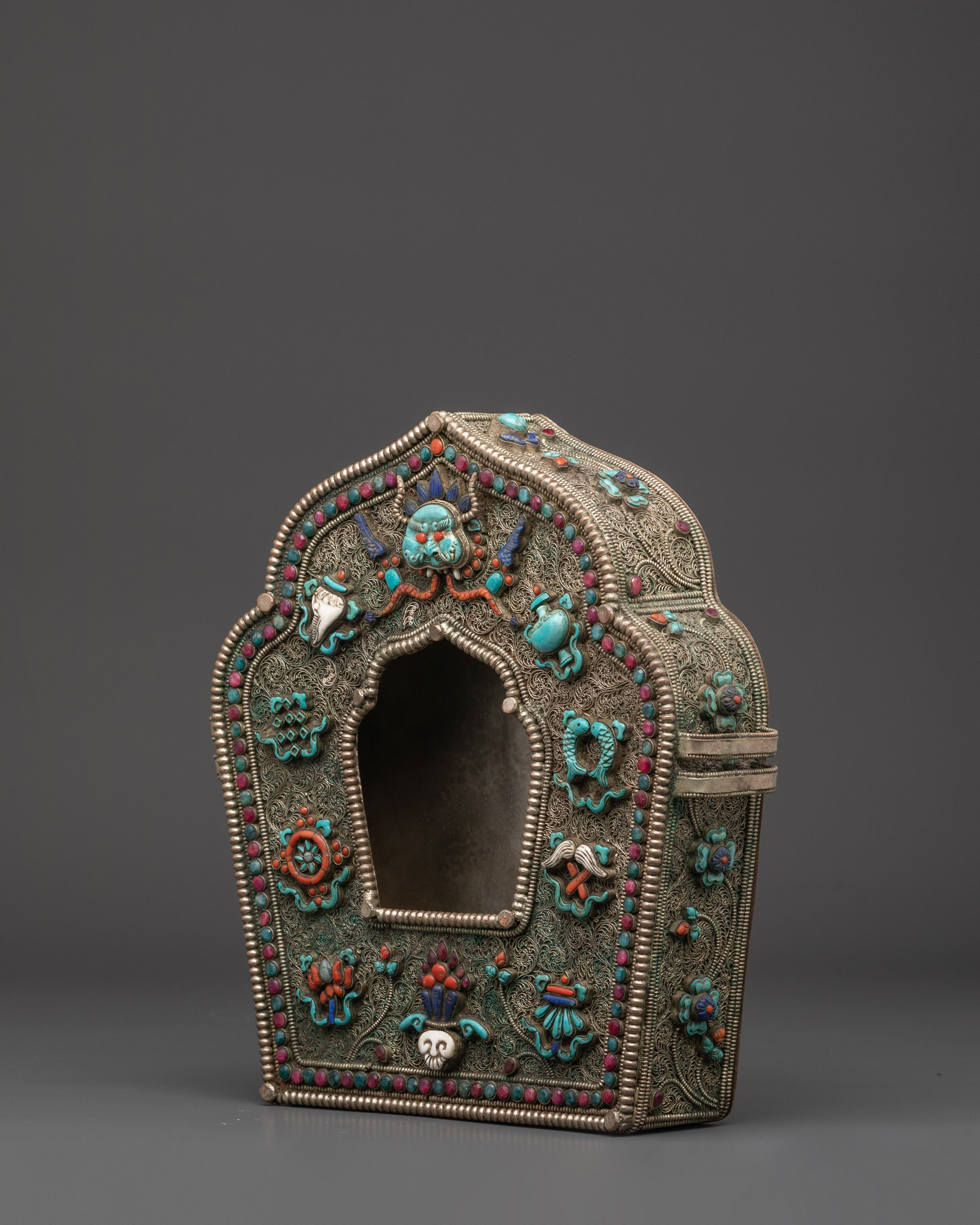 Copper Ghau Box with Coral | Handcrafted Tibetan Ghau Box