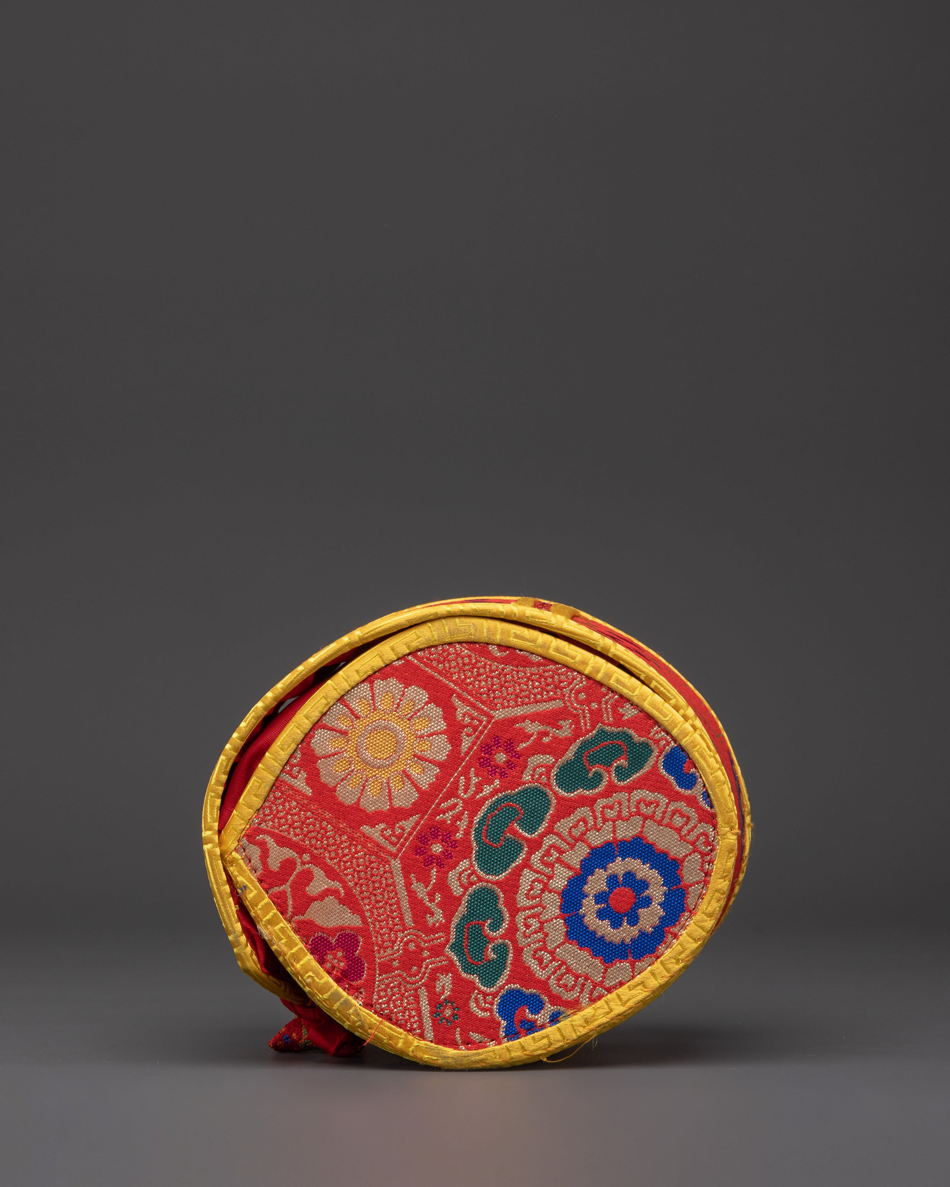 Tibetan Meditation Damaru Drum | Wooden Buddhist Ritual Instrument with Silk Brocade Cover