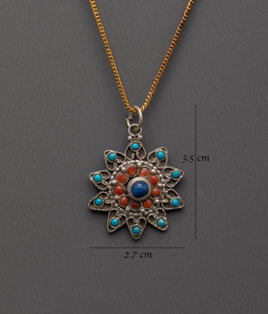 Handcrafted Tibetan Pendant | Sterling Silver Necklace with Coral and Turquoise Inlay