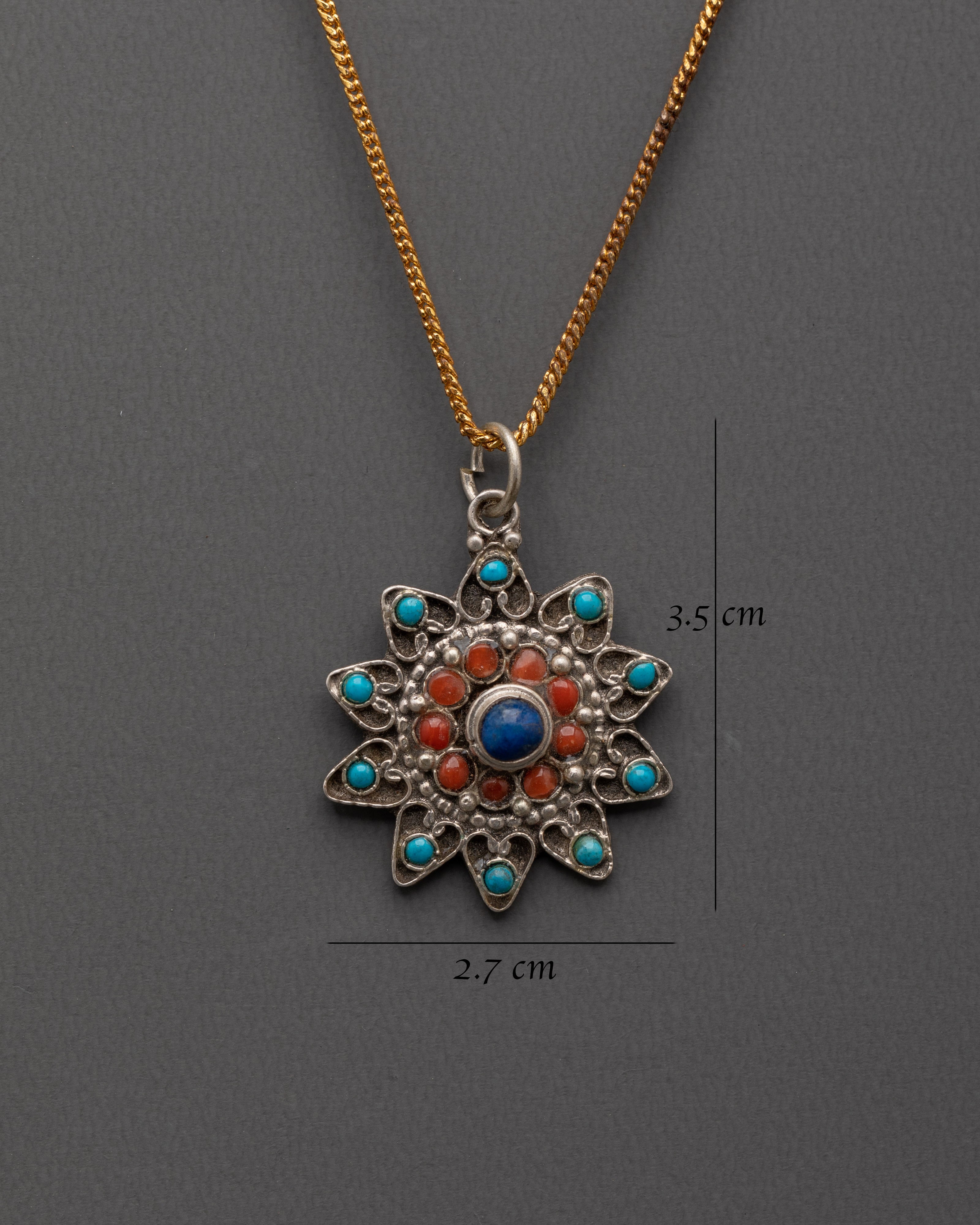 Handcrafted Tibetan Pendant | Sterling Silver Necklace with Coral and Turquoise Inlay