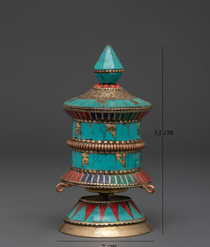 Handmade Turquoise Stone Mantra Prayer Wheel | Brass Coral Buddhist Wheel