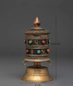 Sacred Prayer Wheel with Gemstones | Brass Turquoise Buddhist Wheel
