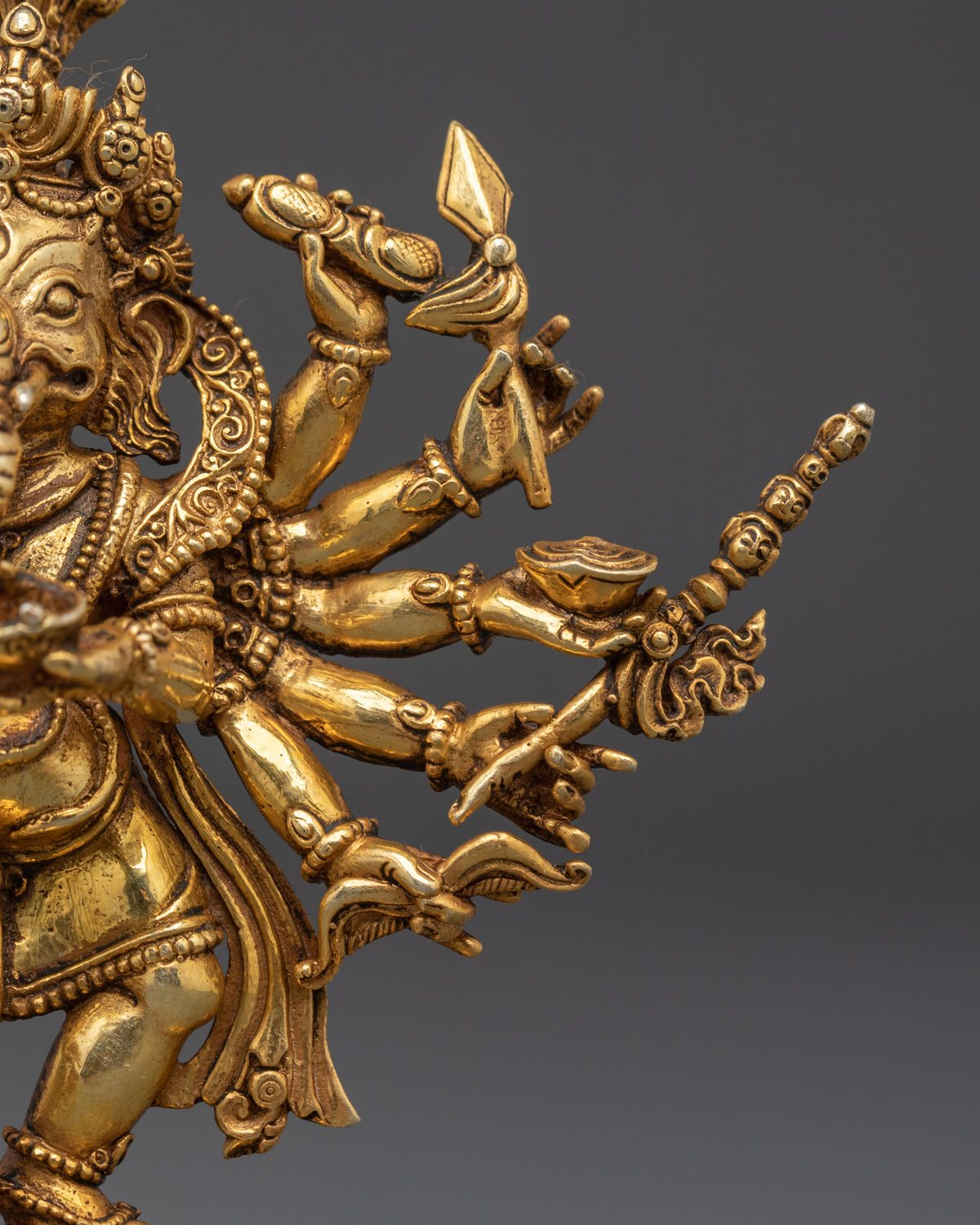 12-Armed Ganesh Gold-Plated Copper Statue | Hindu Deity of Power & Protection